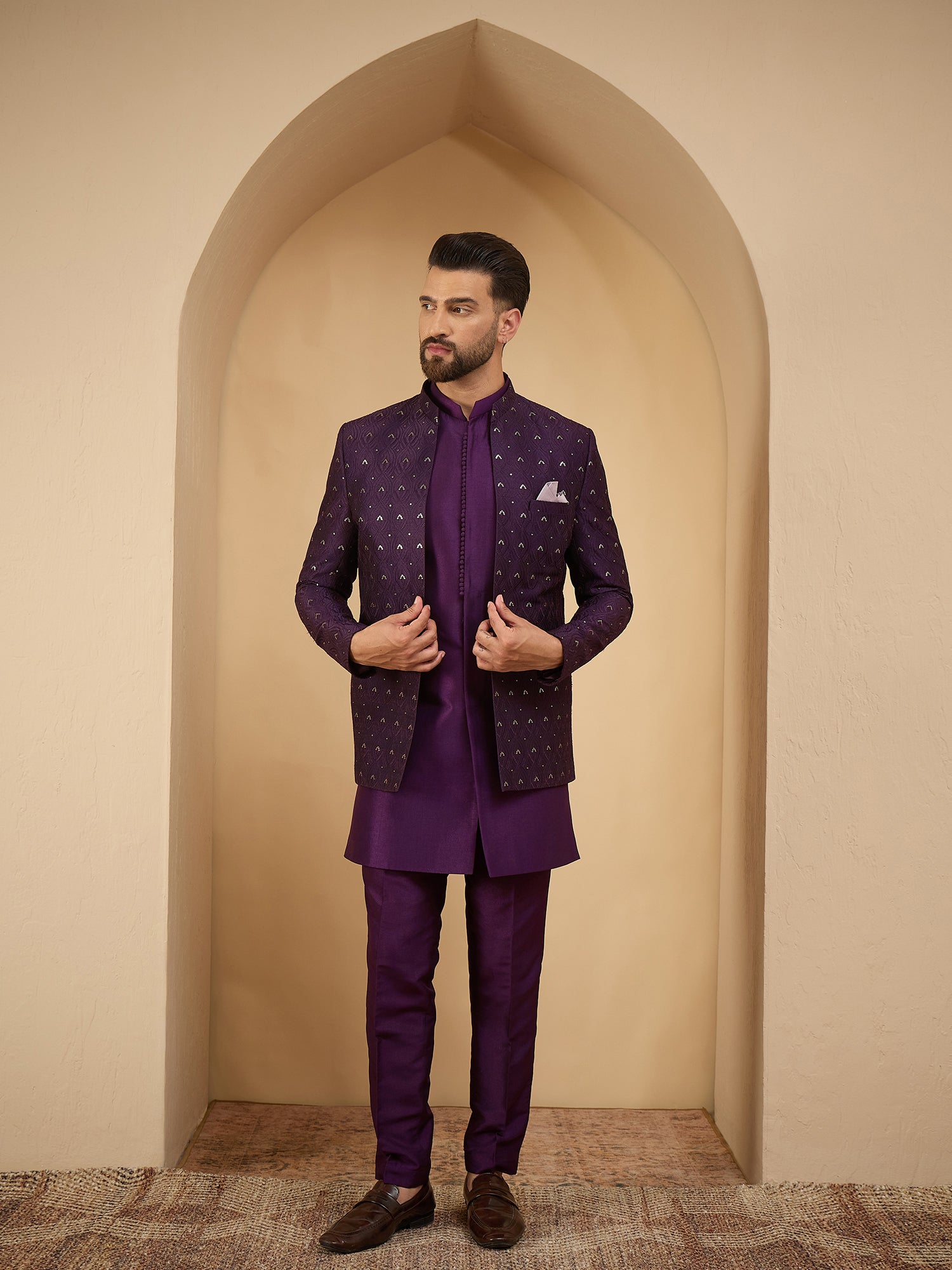 Men Purple Embroidered 3 Piece Indo Western Set