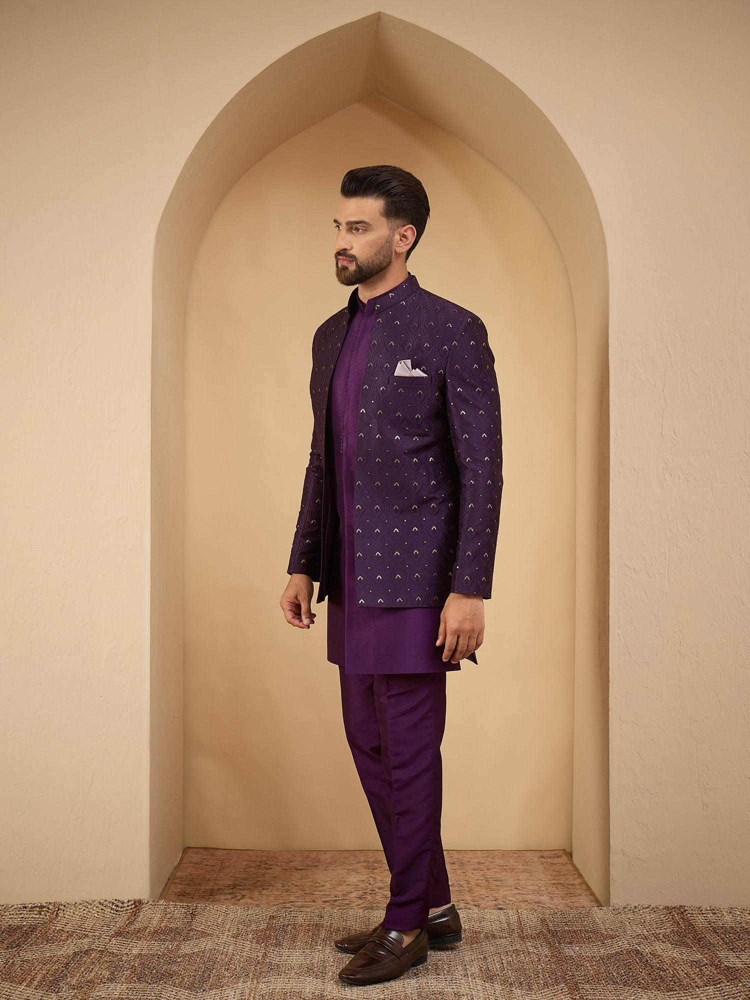 Men Purple Embroidered 3 Piece Indo Western Set