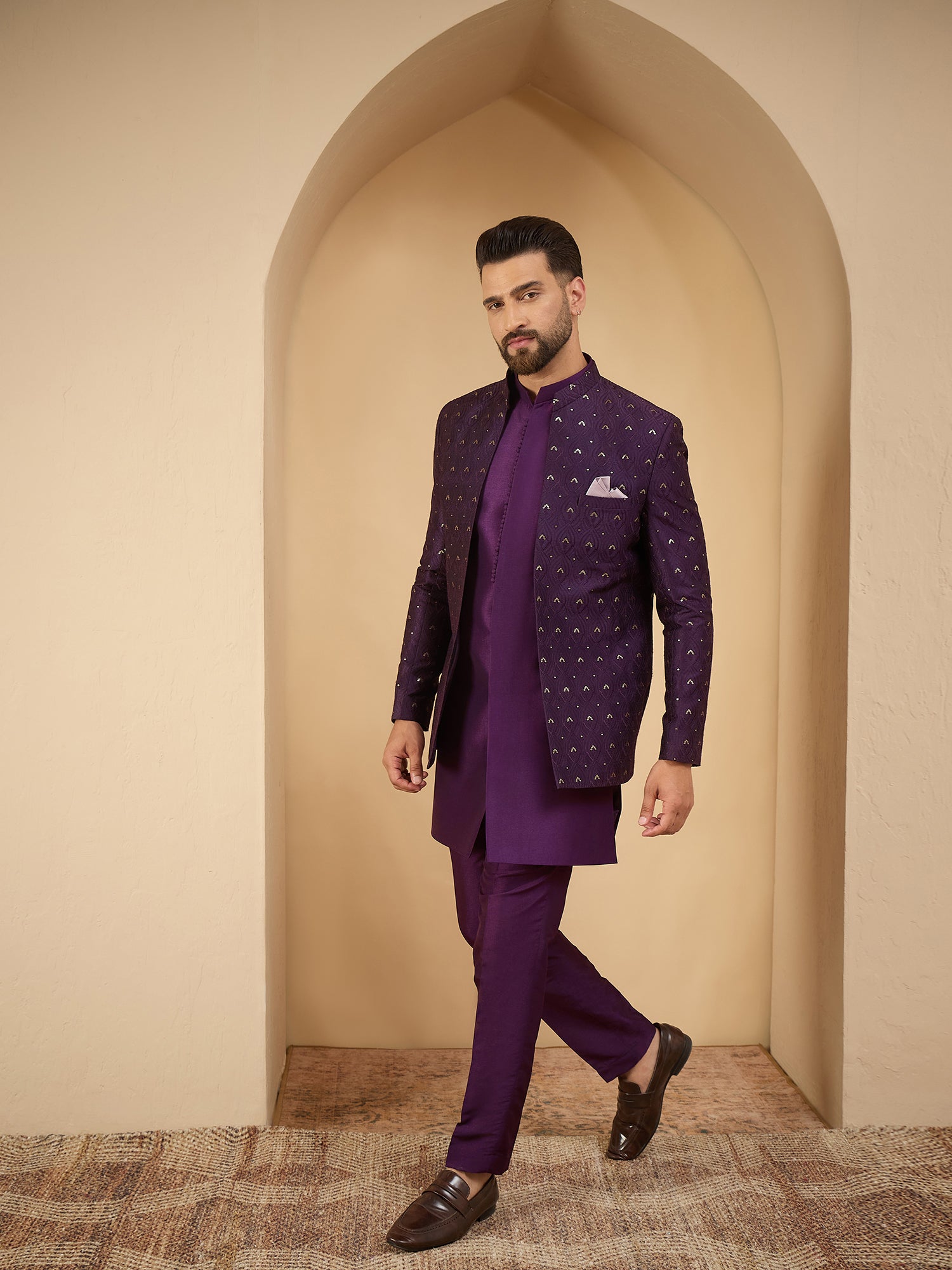 Men Purple Embroidered 3 Piece Indo Western Set