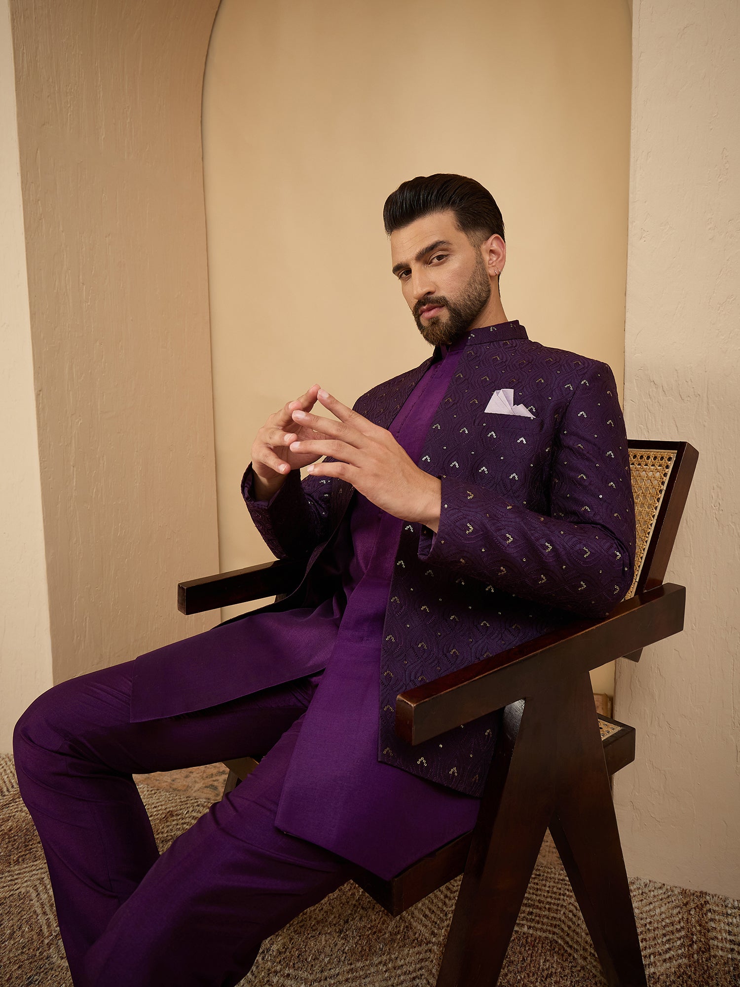 Men Purple Embroidered 3 Piece Indo Western Set