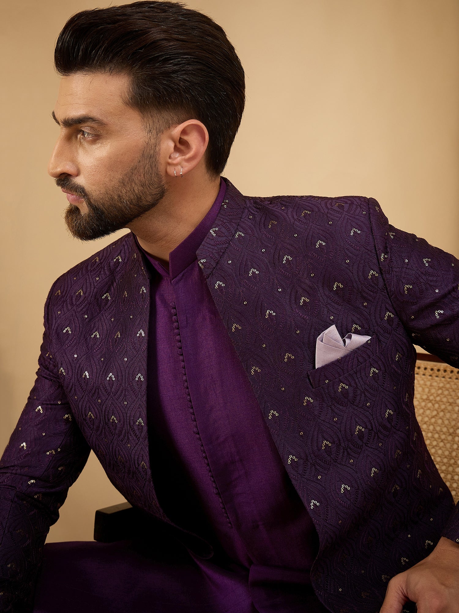 Men Purple Embroidered 3 Piece Indo Western Set