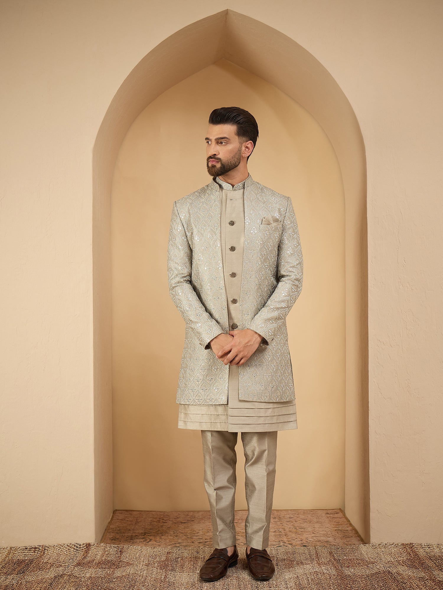 Sage Green Lucknowi 3 Piece Indo Western Set