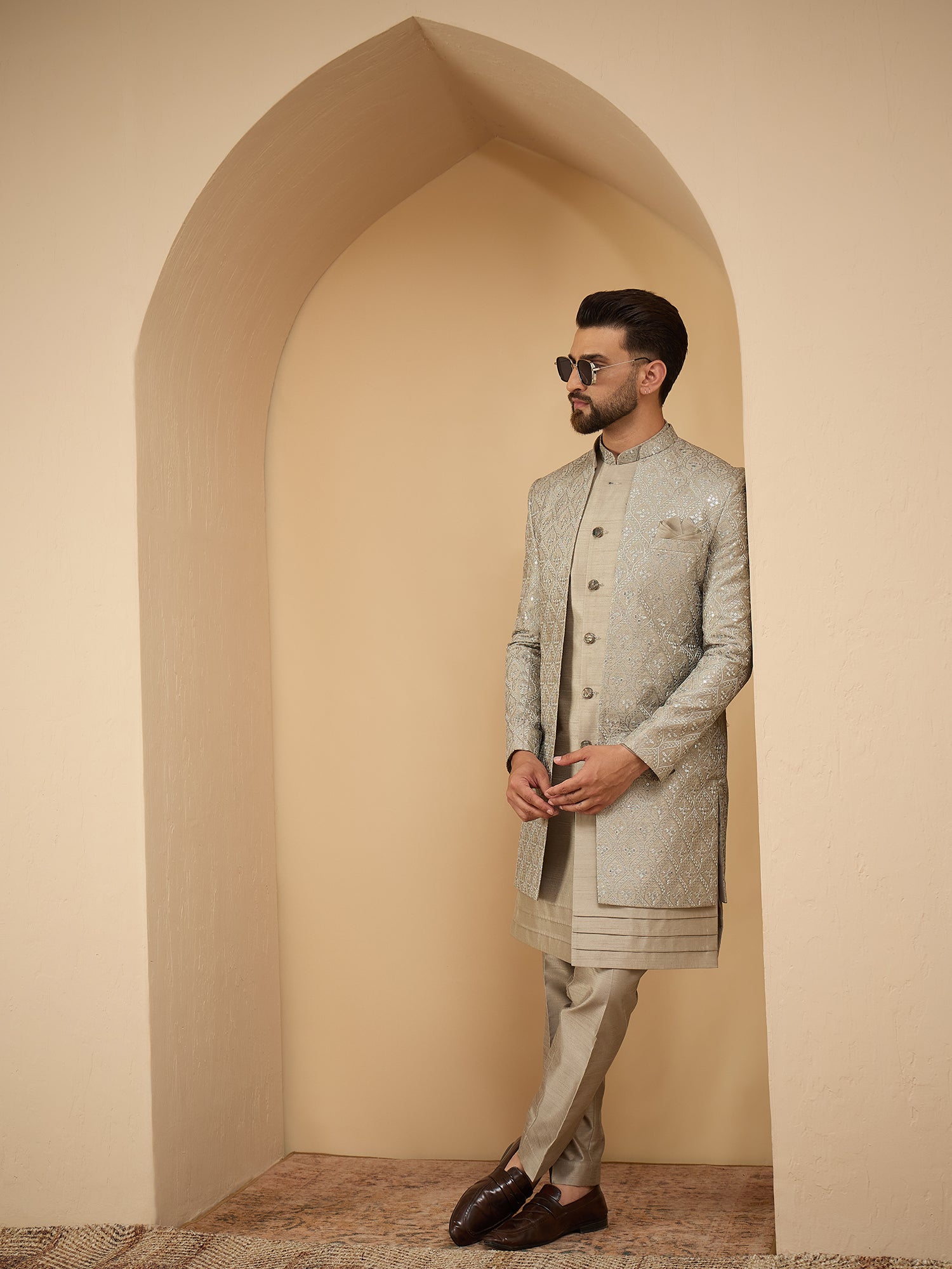 Sage Green Lucknowi 3 Piece Indo Western Set