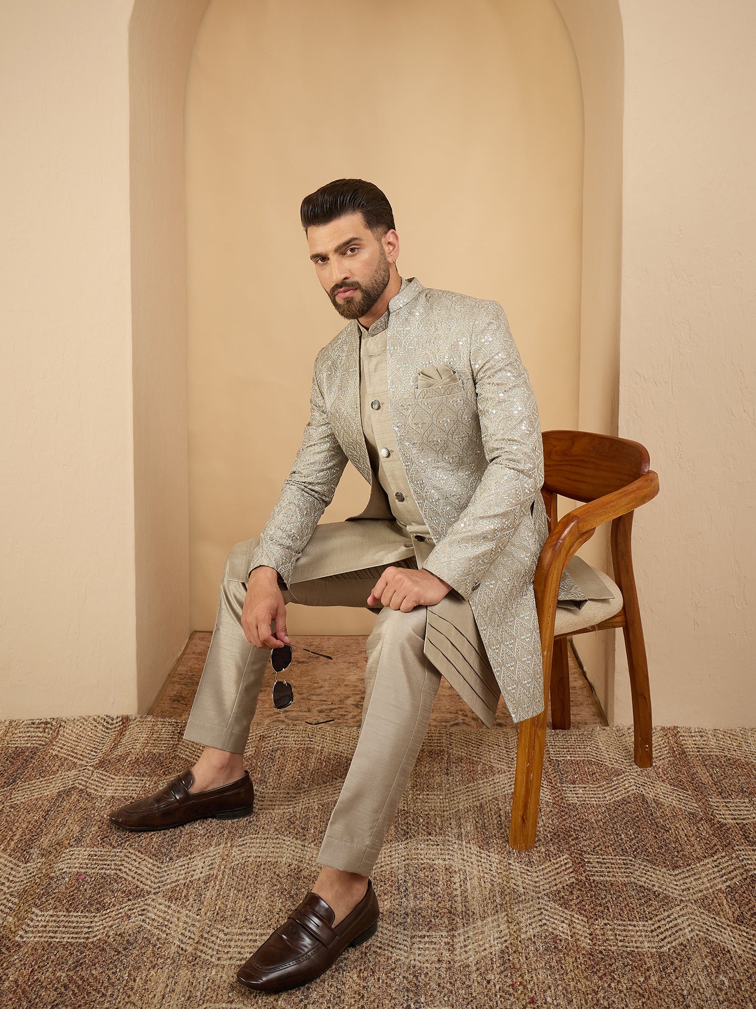 Sage Green Lucknowi 3 Piece Indo Western Set