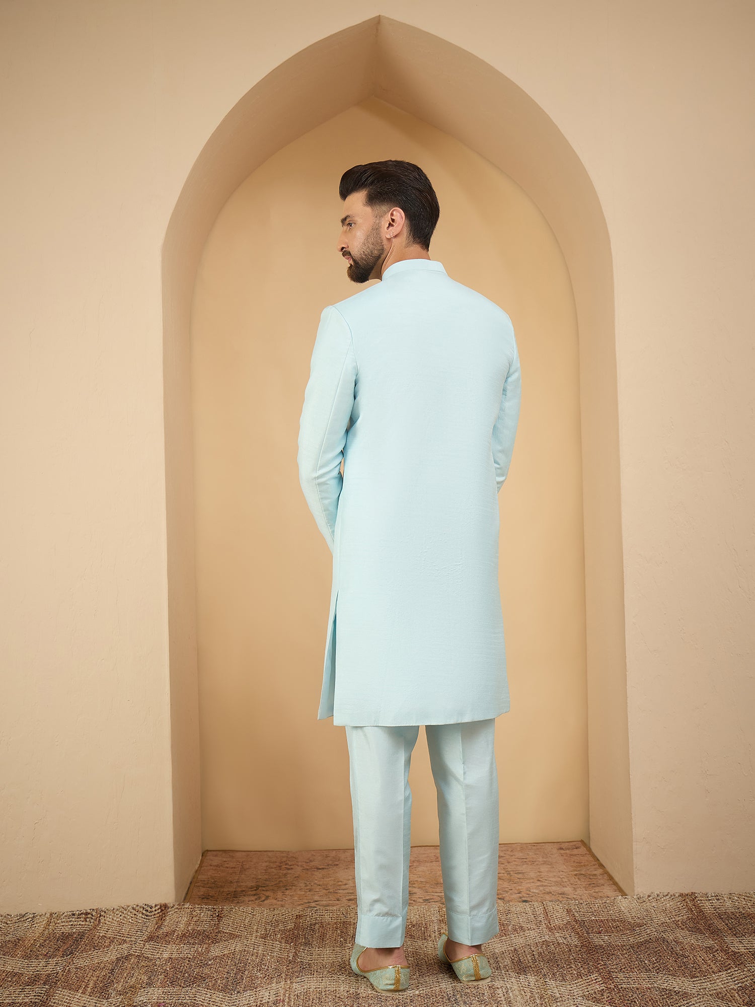 Men Sky Blue Indowestern Sherwani 3 Piece Set