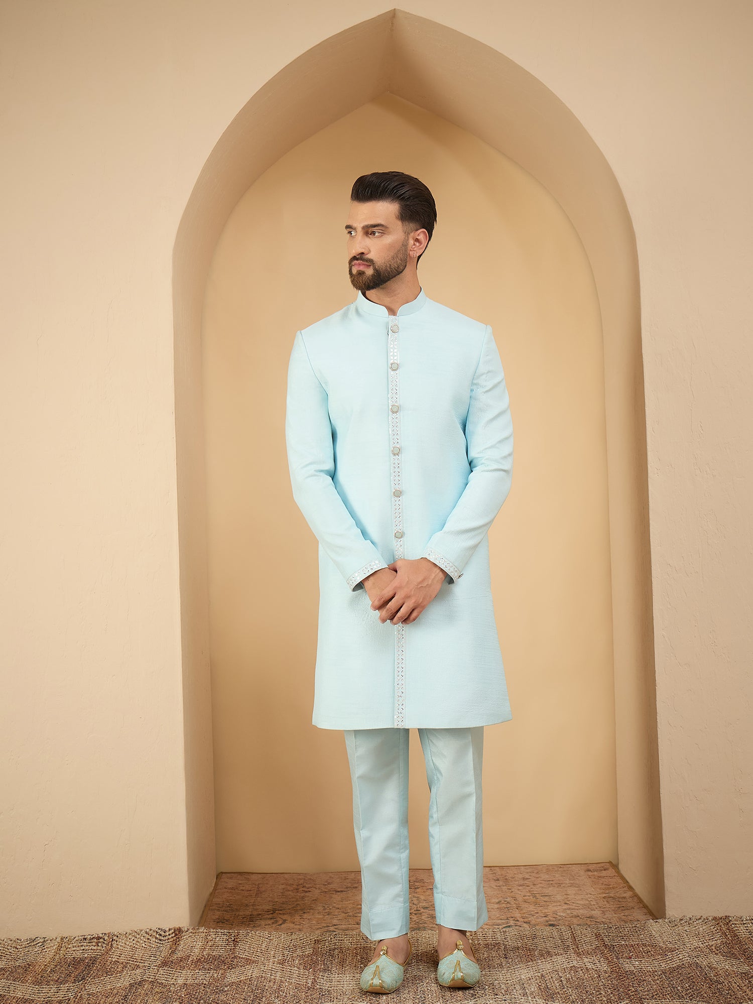 Men Sky Blue Indowestern Sherwani 3 Piece Set