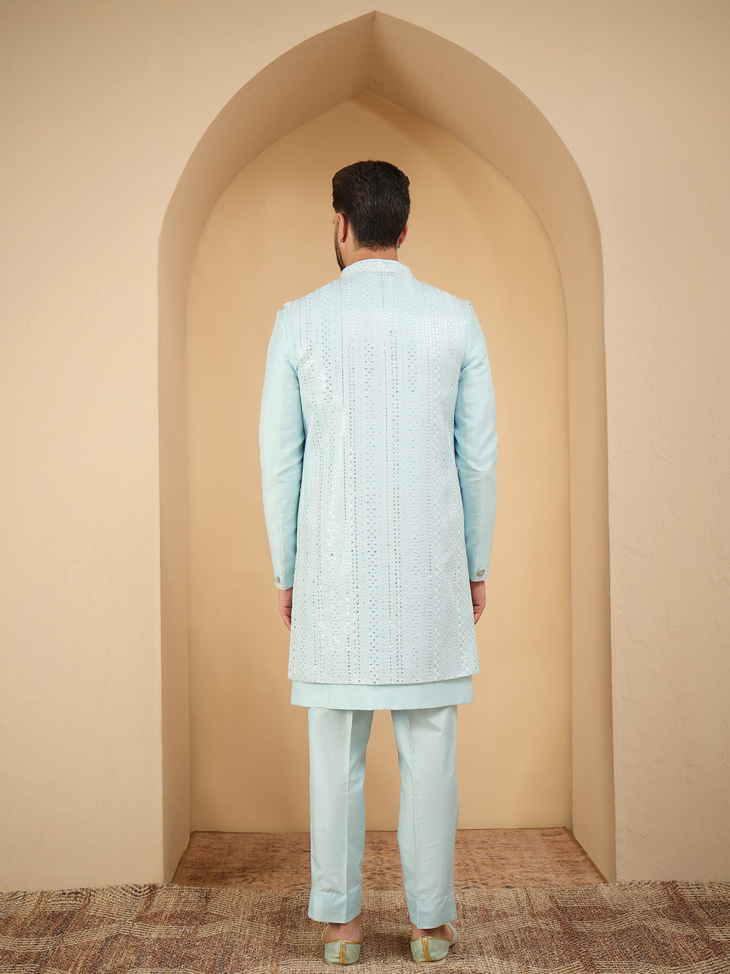 Men Sky Blue Indowestern Sherwani 3 Piece Set