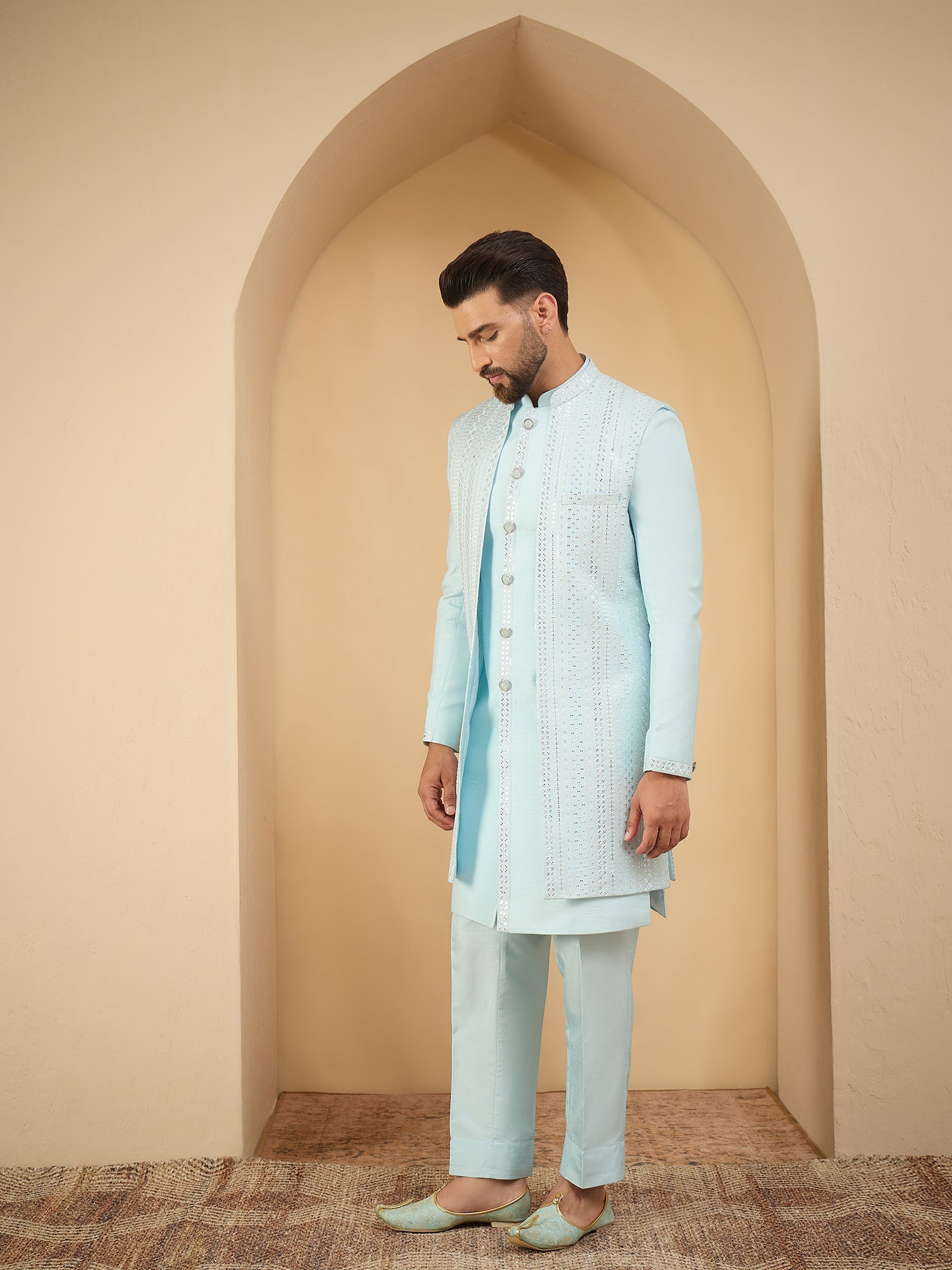 Men Sky Blue Indowestern Sherwani 3 Piece Set