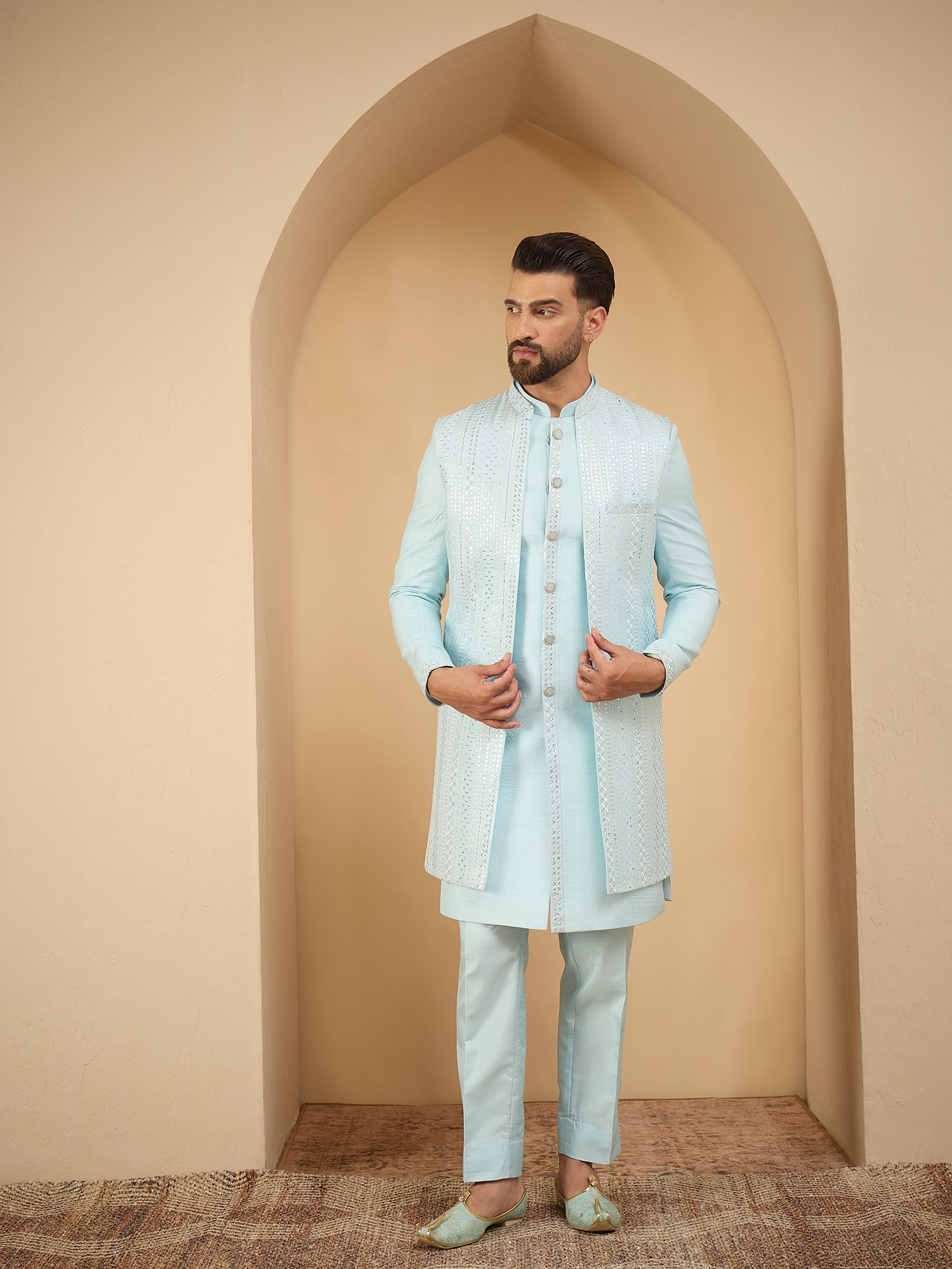 Men Sky Blue Indowestern Sherwani 3 Piece Set