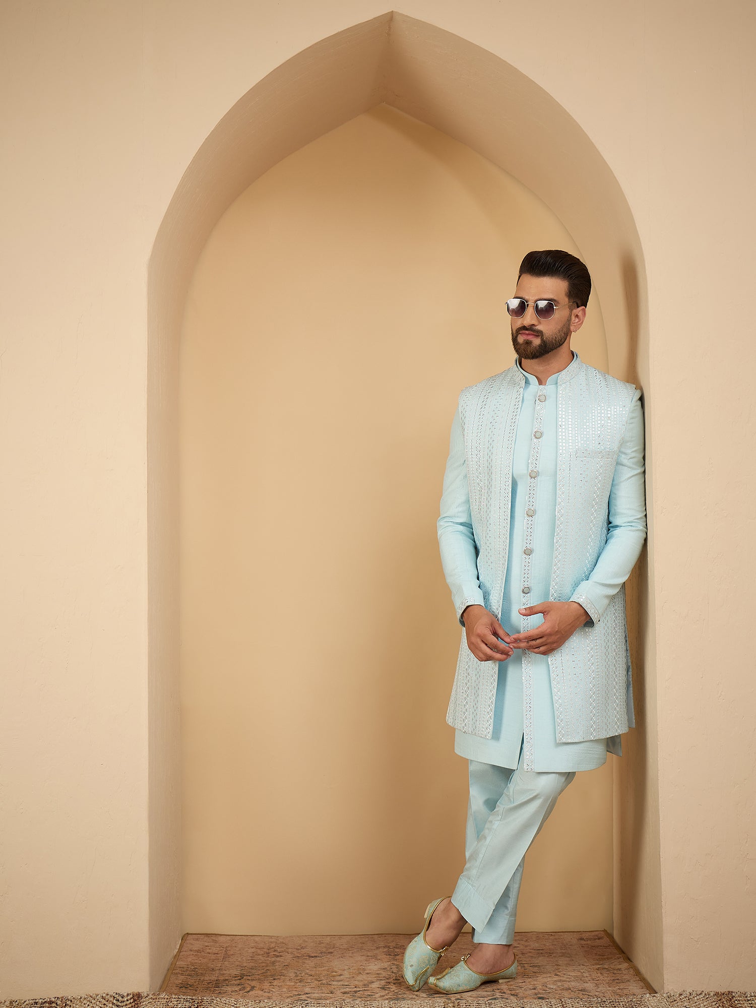 Men Sky Blue Indowestern Sherwani 3 Piece Set