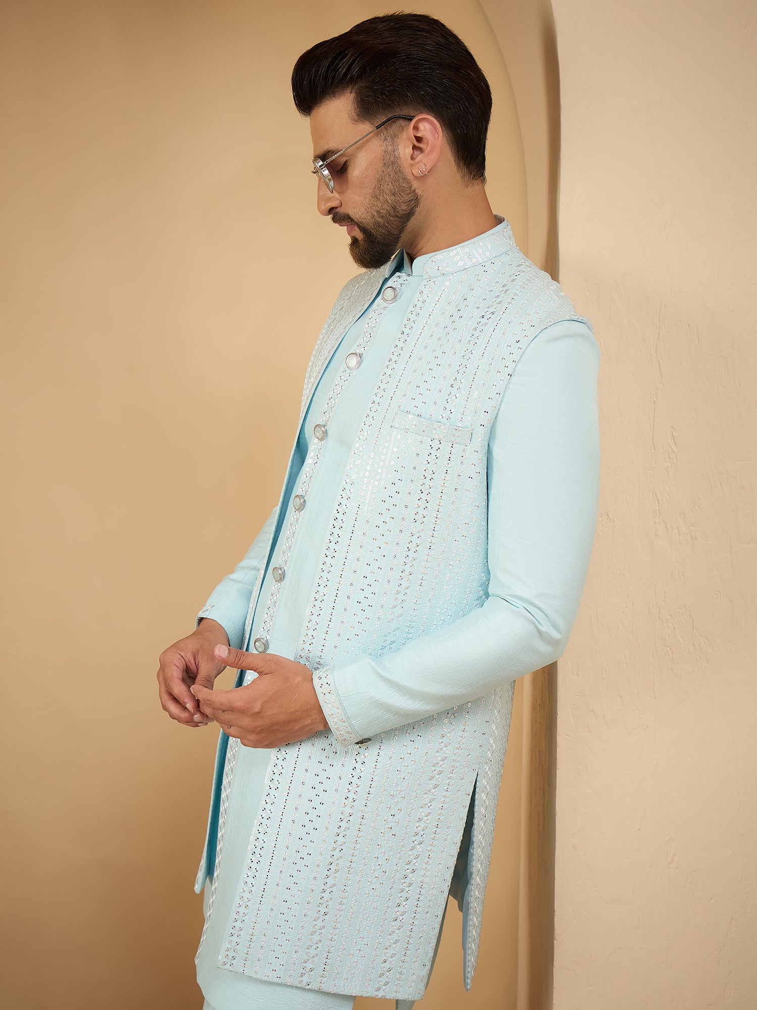 Men Sky Blue Indowestern Sherwani 3 Piece Set