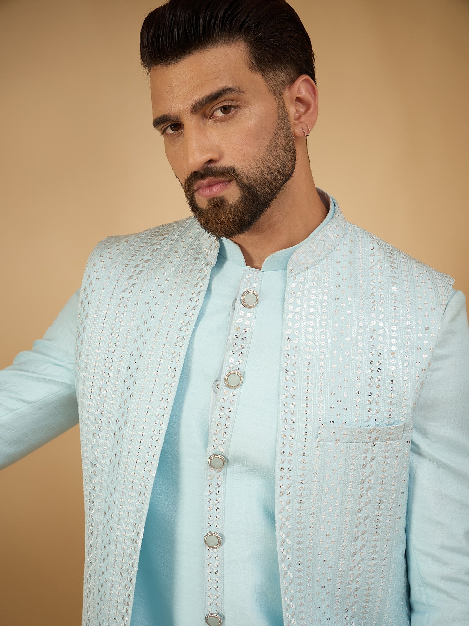 Men Sky Blue Indowestern Sherwani 3 Piece Set