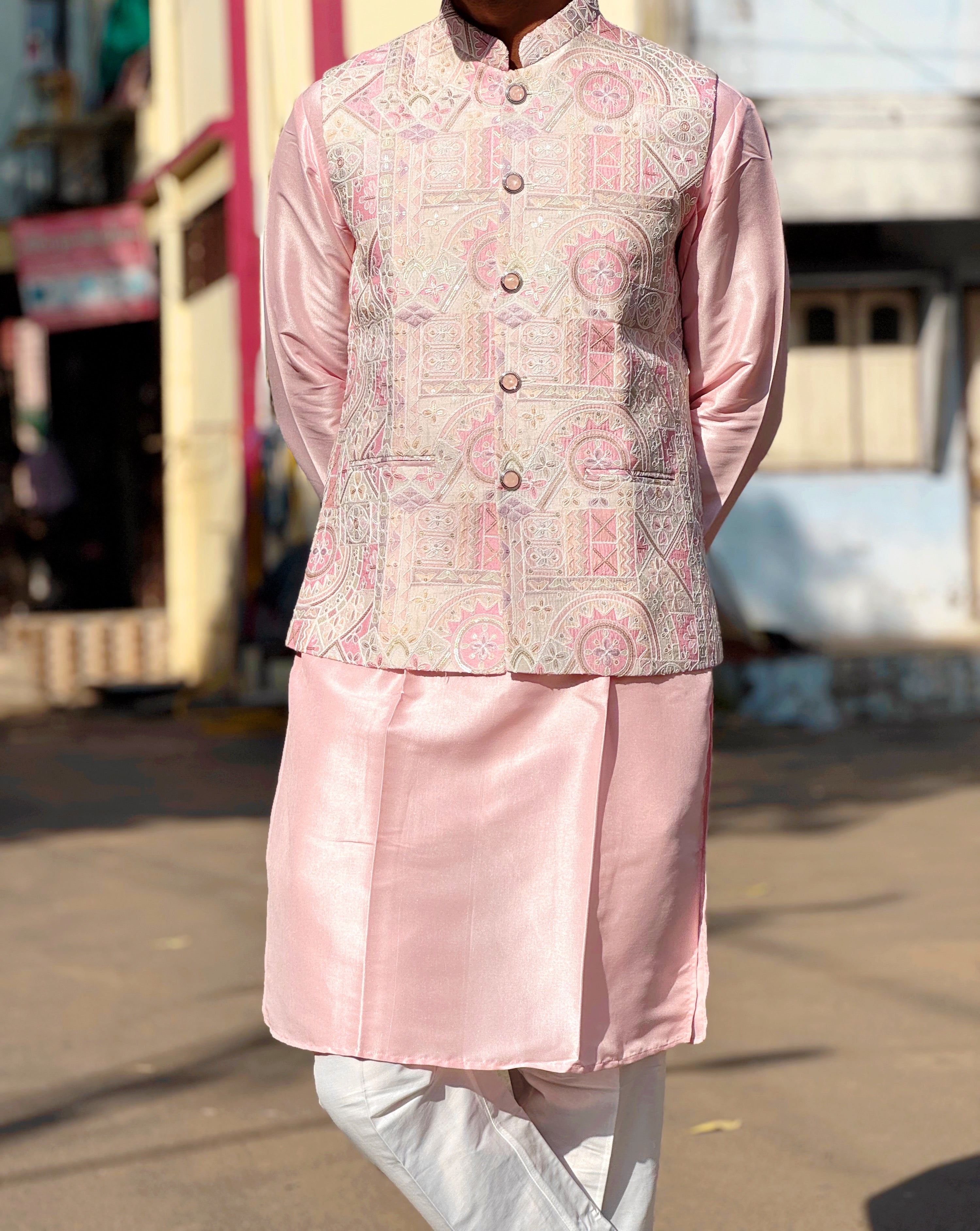 Magnet Men's Pink Position Print Kurta Trouser Set