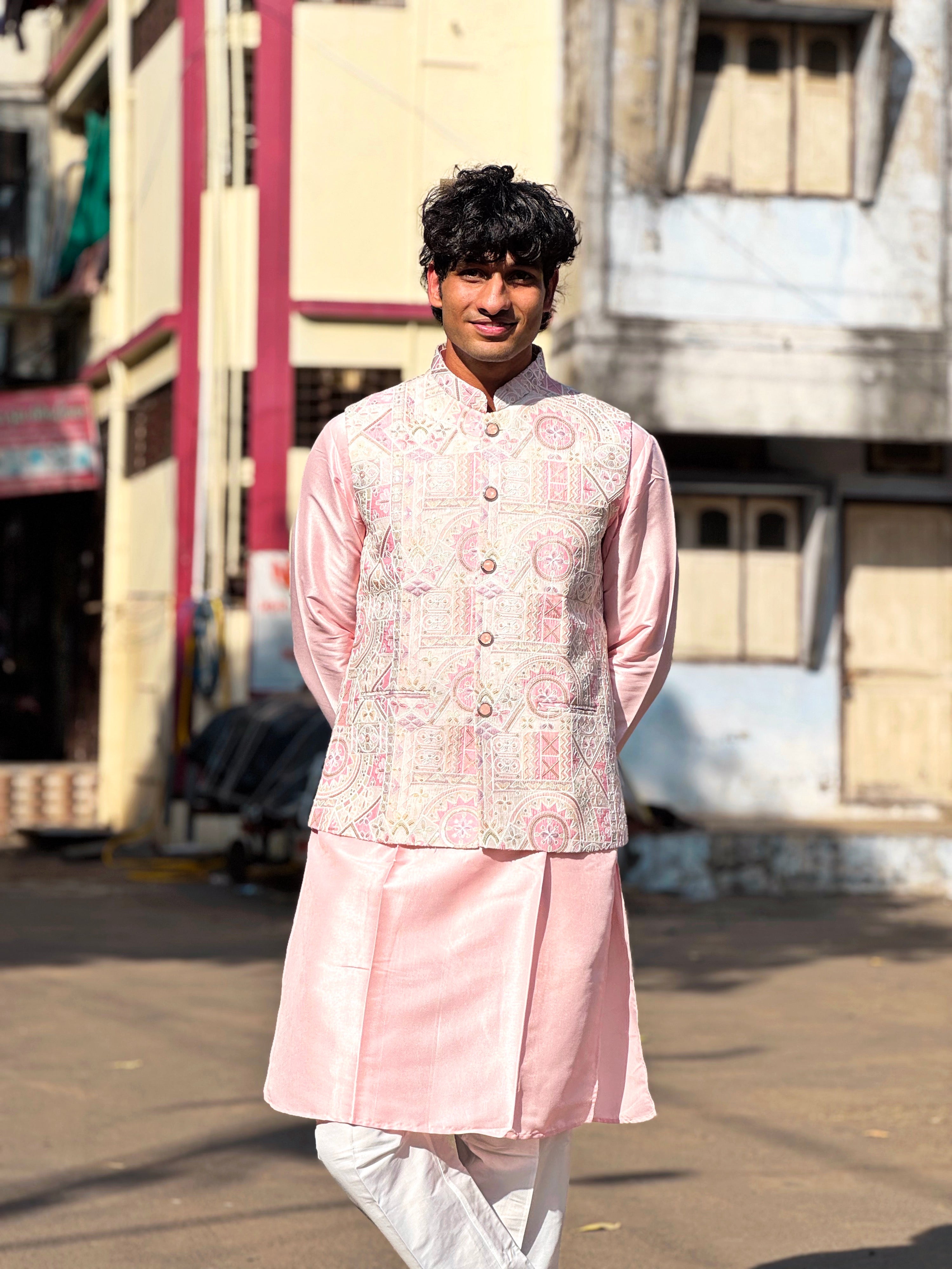 Men Pink Position Print Kurta Jacket Trouser Set