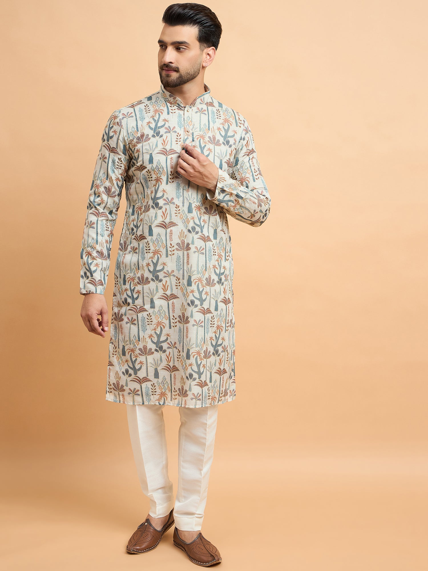 Beige Multi Print With Embroidery Kurta Trouser Set
