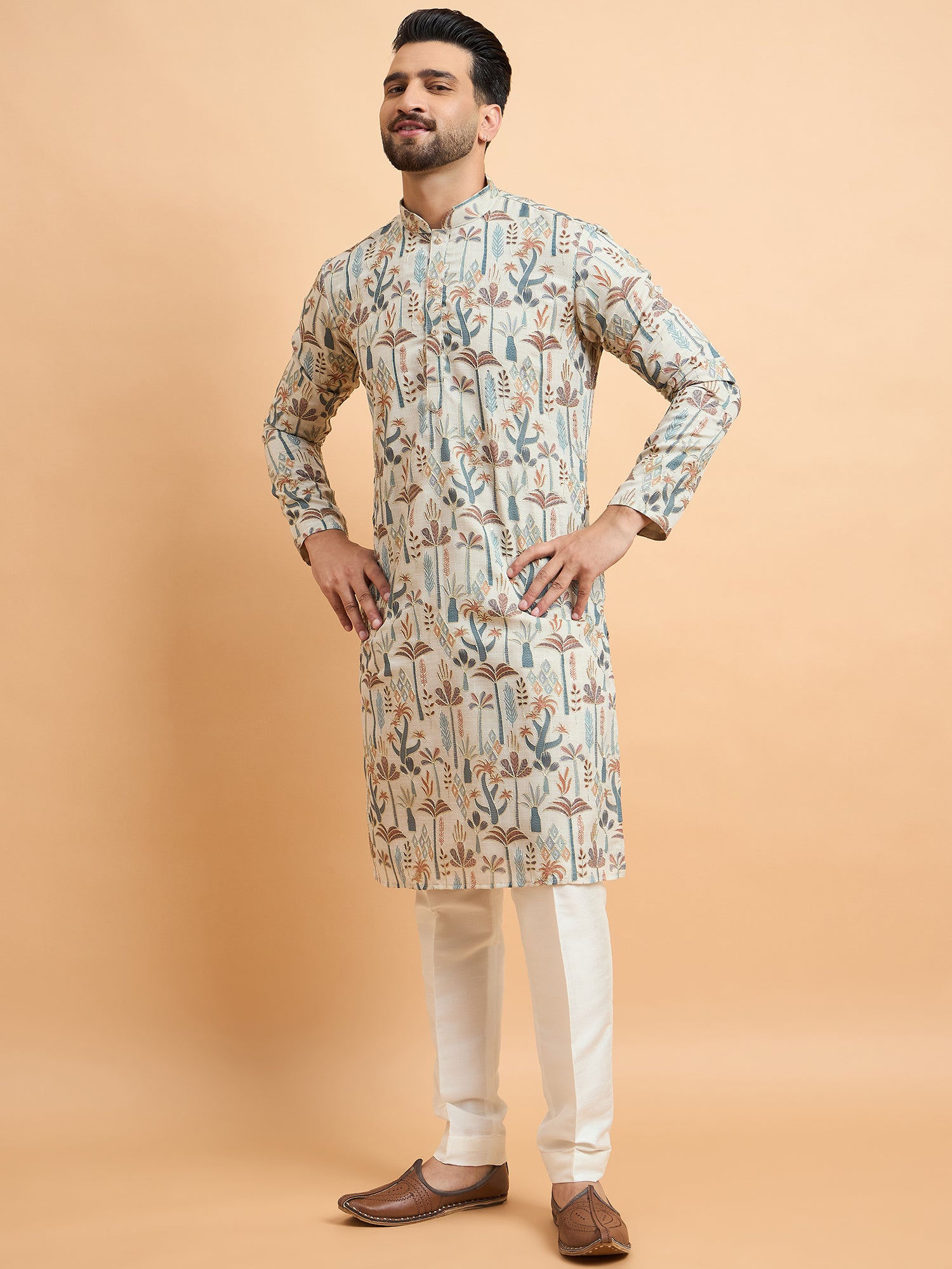 Beige Multi Print With Embroidery Kurta Trouser Set