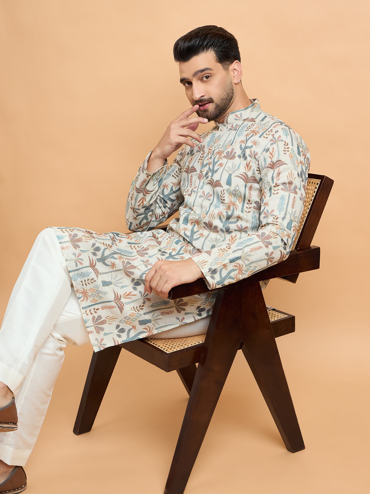 Beige Multi Print With Embroidery Kurta Trouser Set