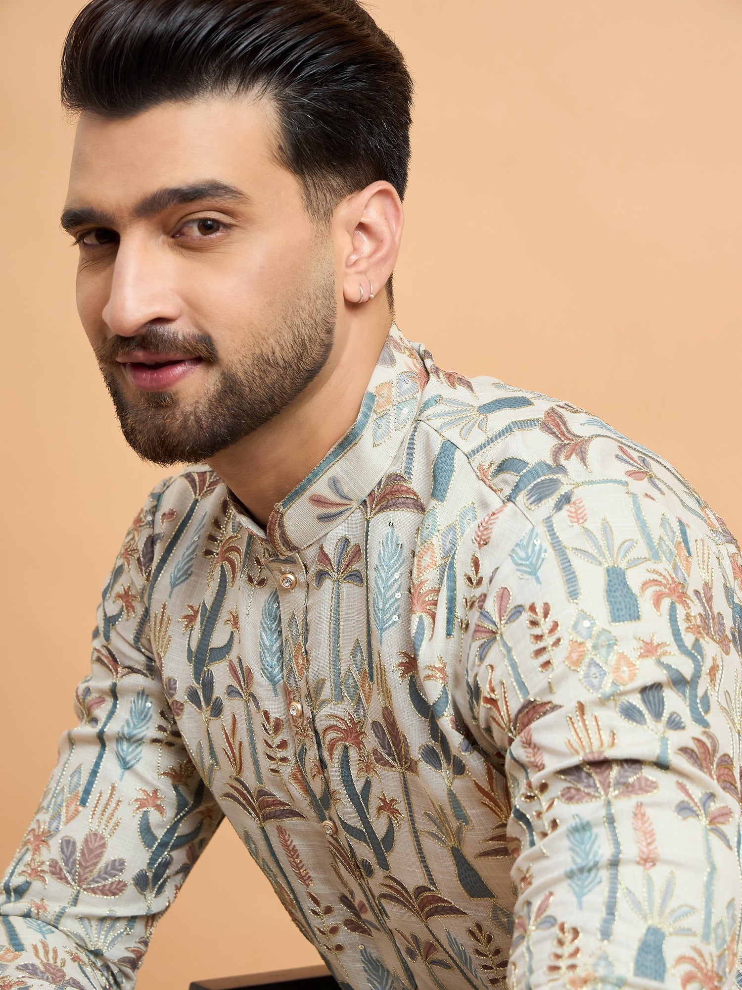 Beige Multi Print With Embroidery Kurta Trouser Set