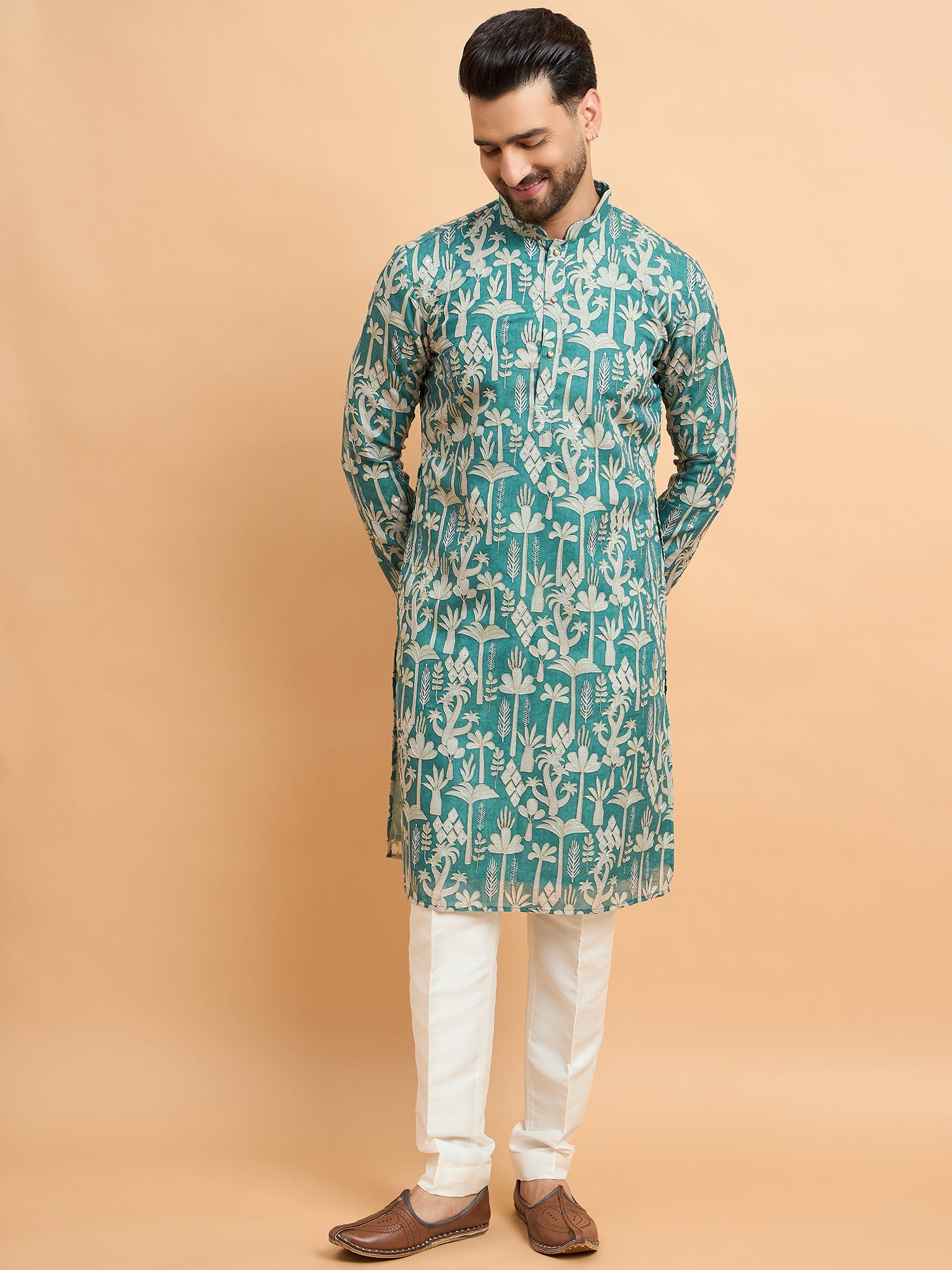 Green Silk Print With Embroidery Kurta Set