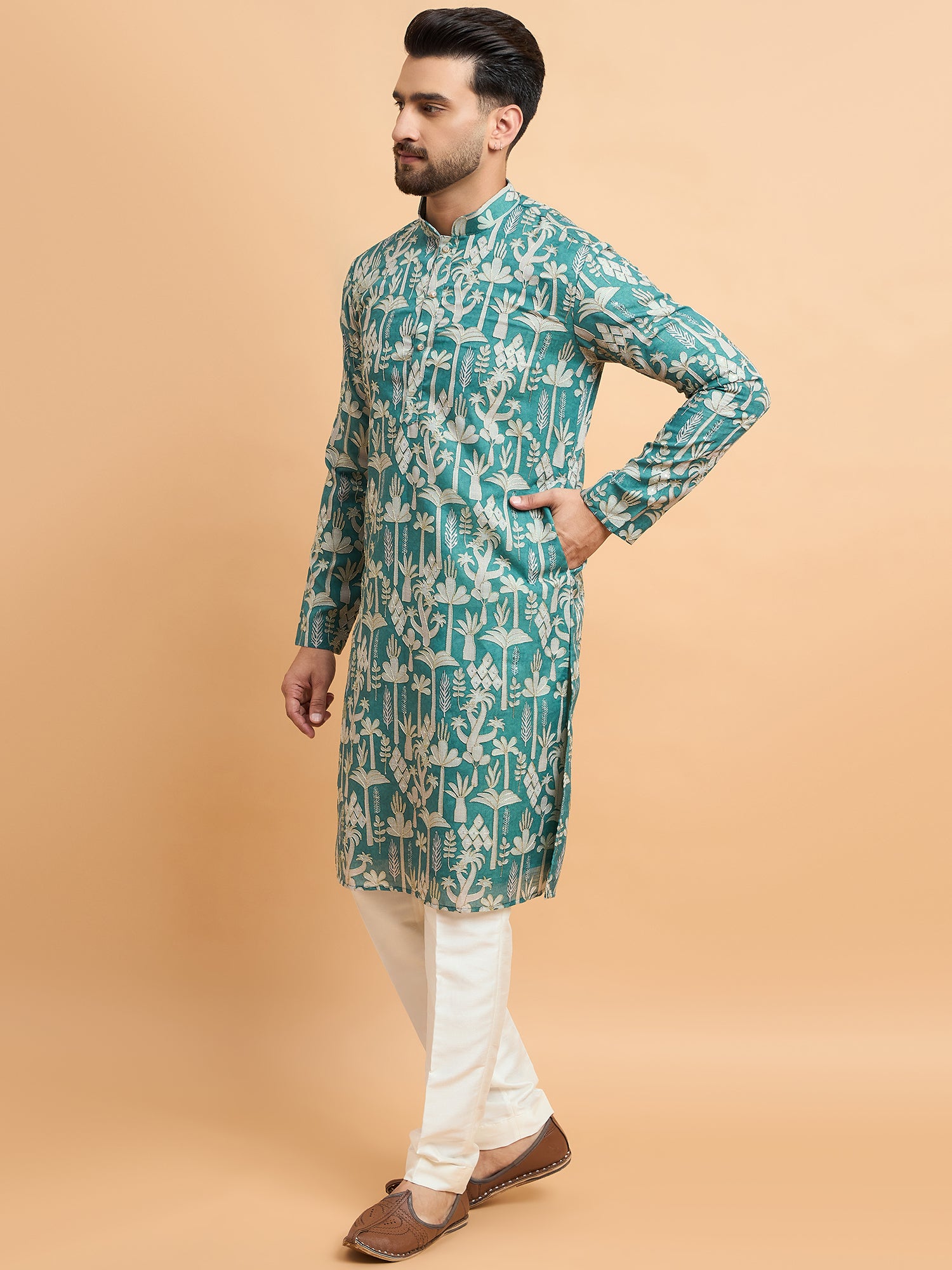 Green Silk Print With Embroidery Kurta Set