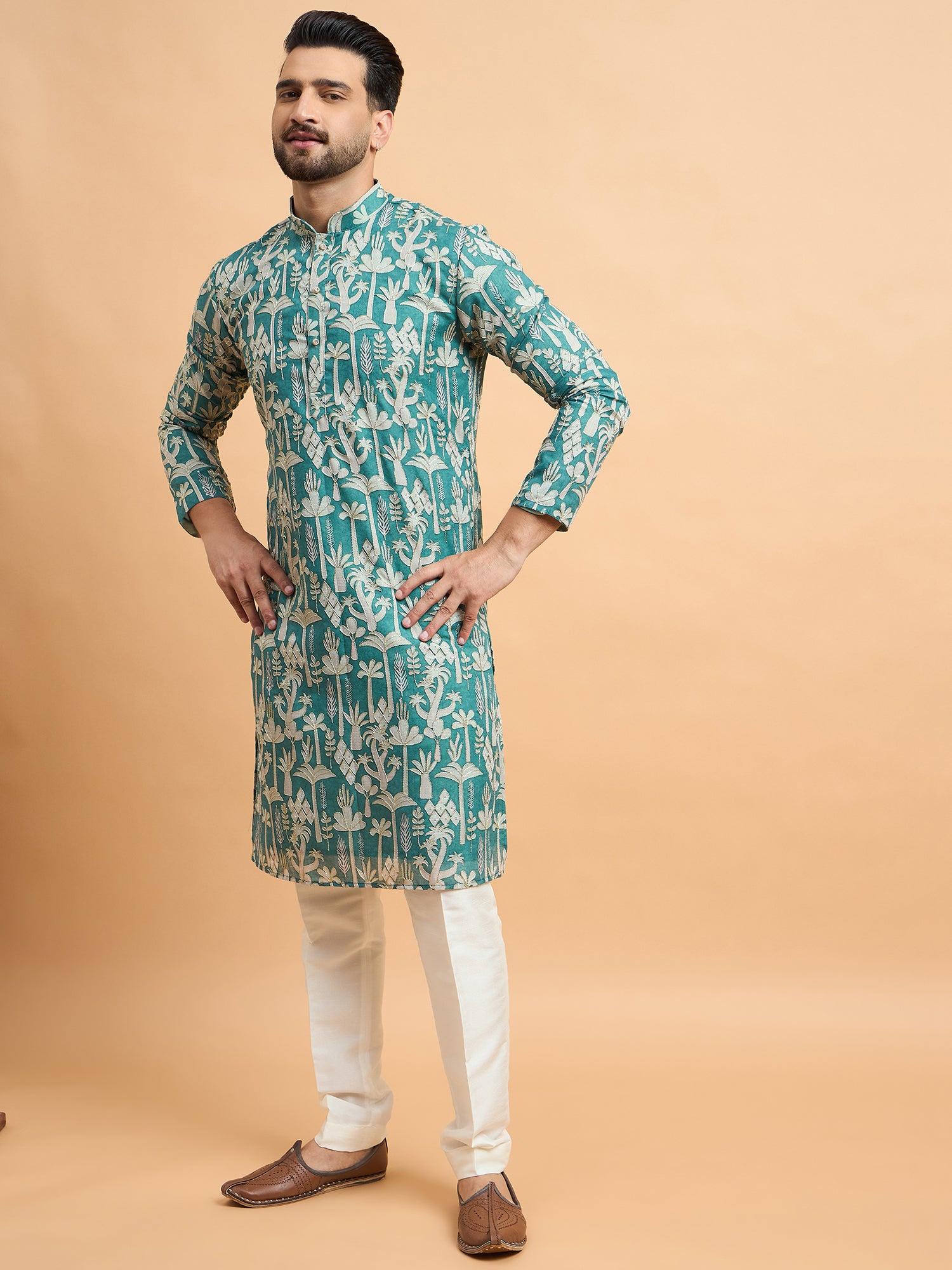 Green Silk Print With Embroidery Kurta Set