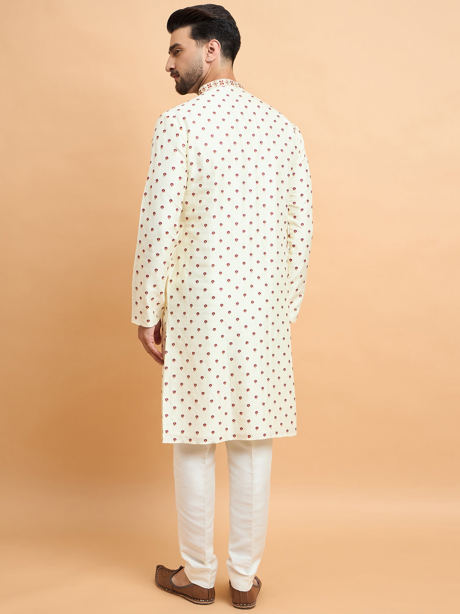 Cream Tusser Silk Embroidered Kurta Trouser Set