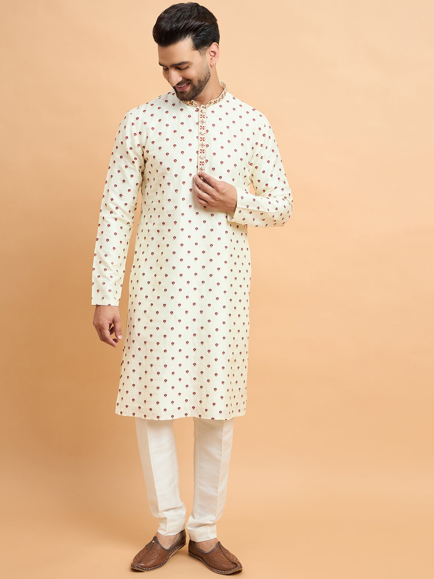 Cream Tusser Silk Embroidered Kurta Trouser Set