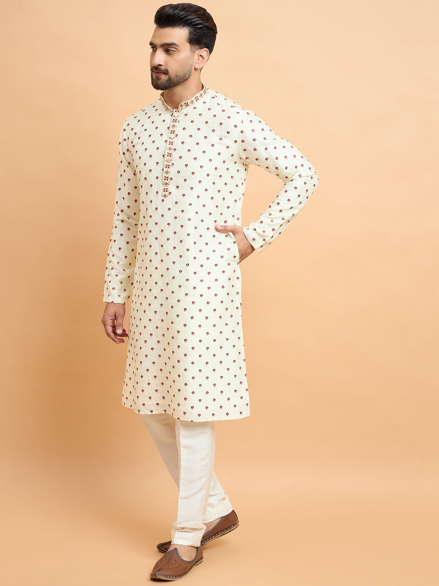 Cream Tusser Silk Embroidered Kurta Trouser Set