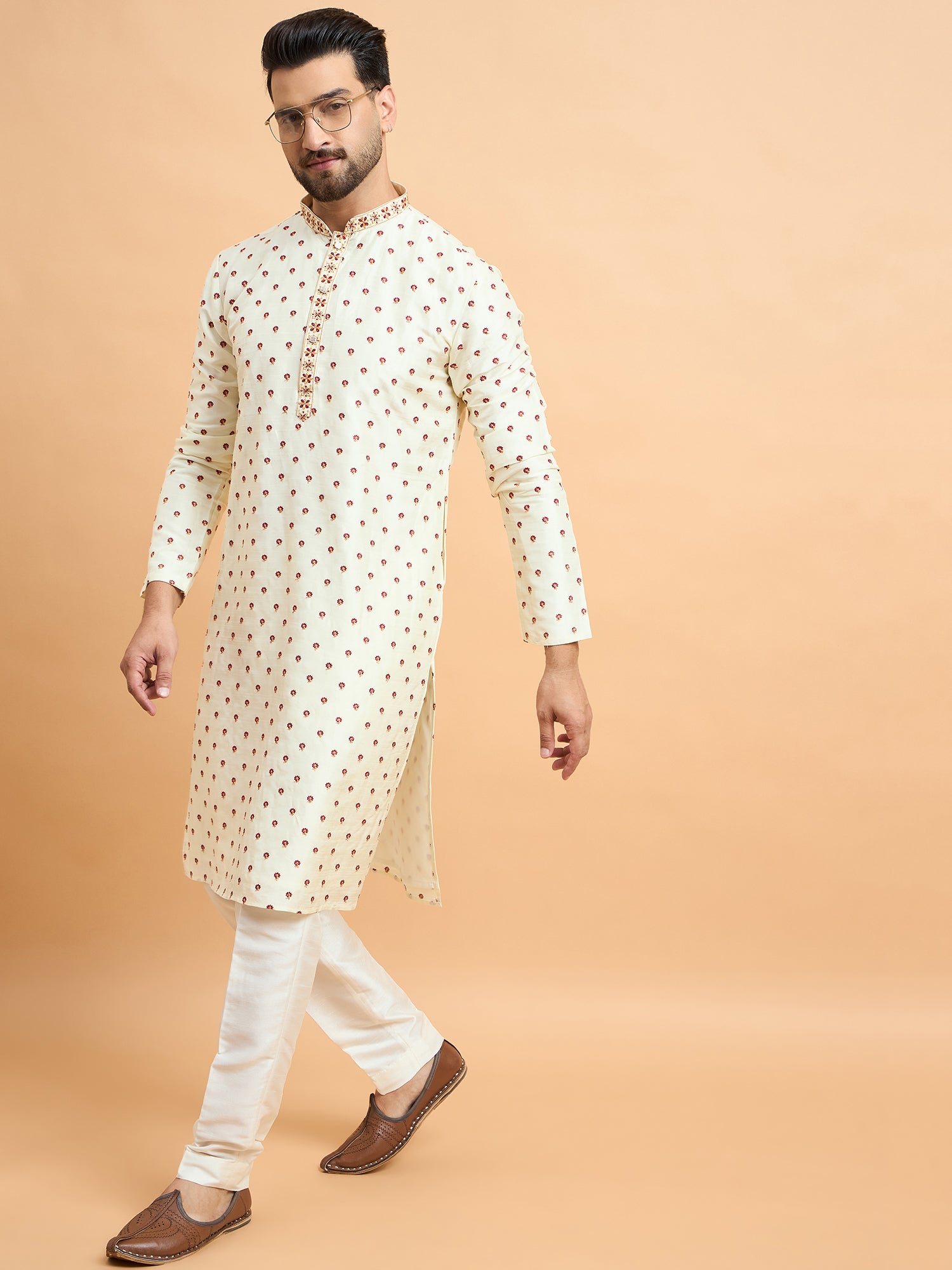 Cream Tusser Silk Embroidered Kurta Trouser Set