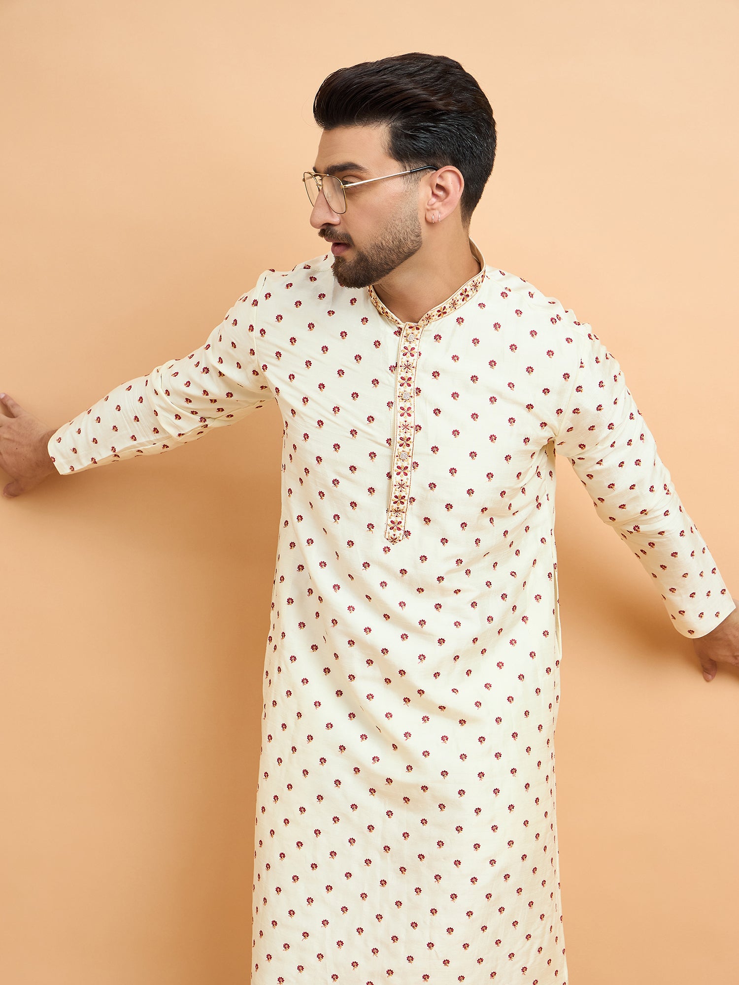 Cream Tusser Silk Embroidered Kurta Trouser Set