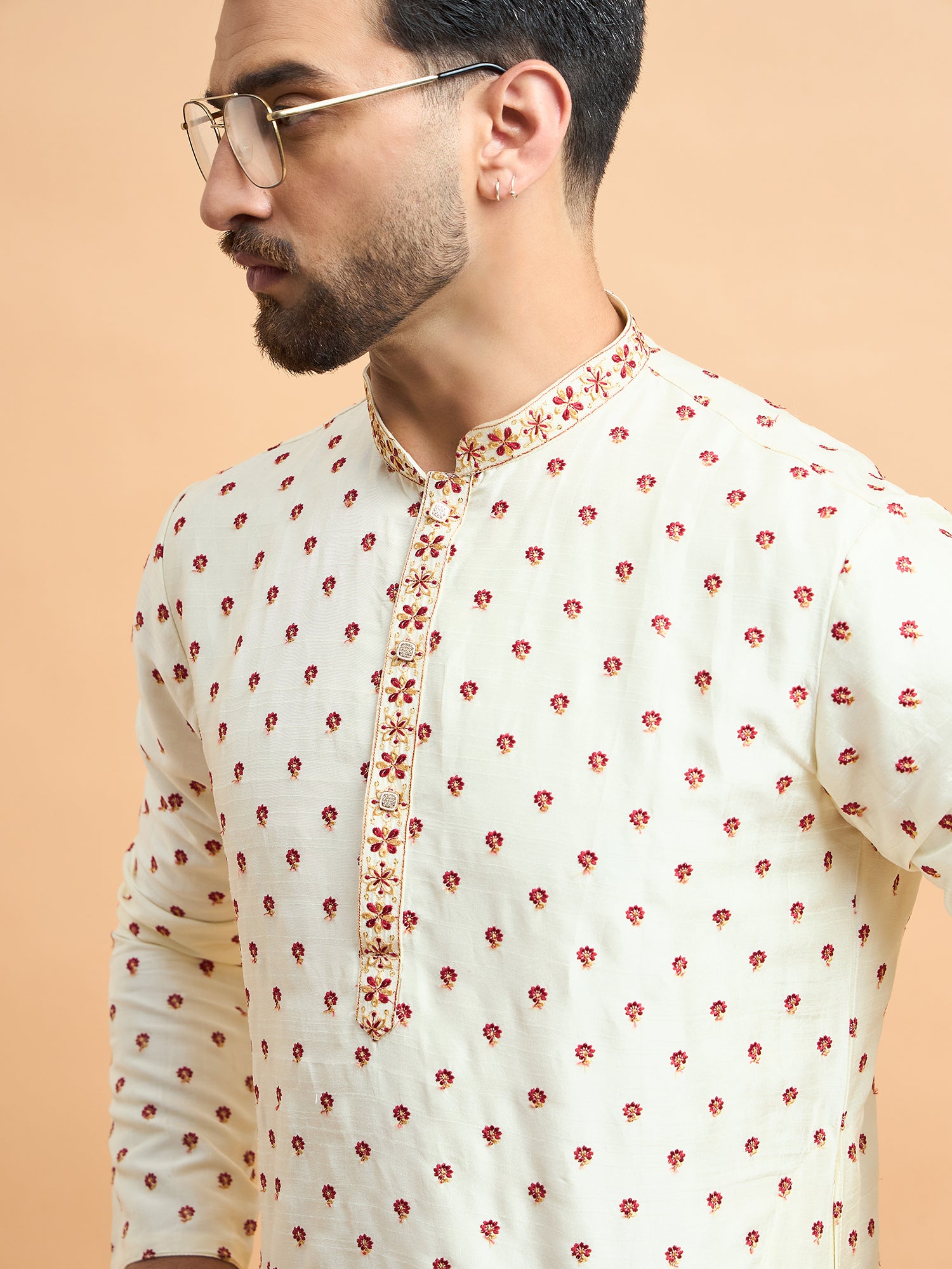Cream Tusser Silk Embroidered Kurta Trouser Set