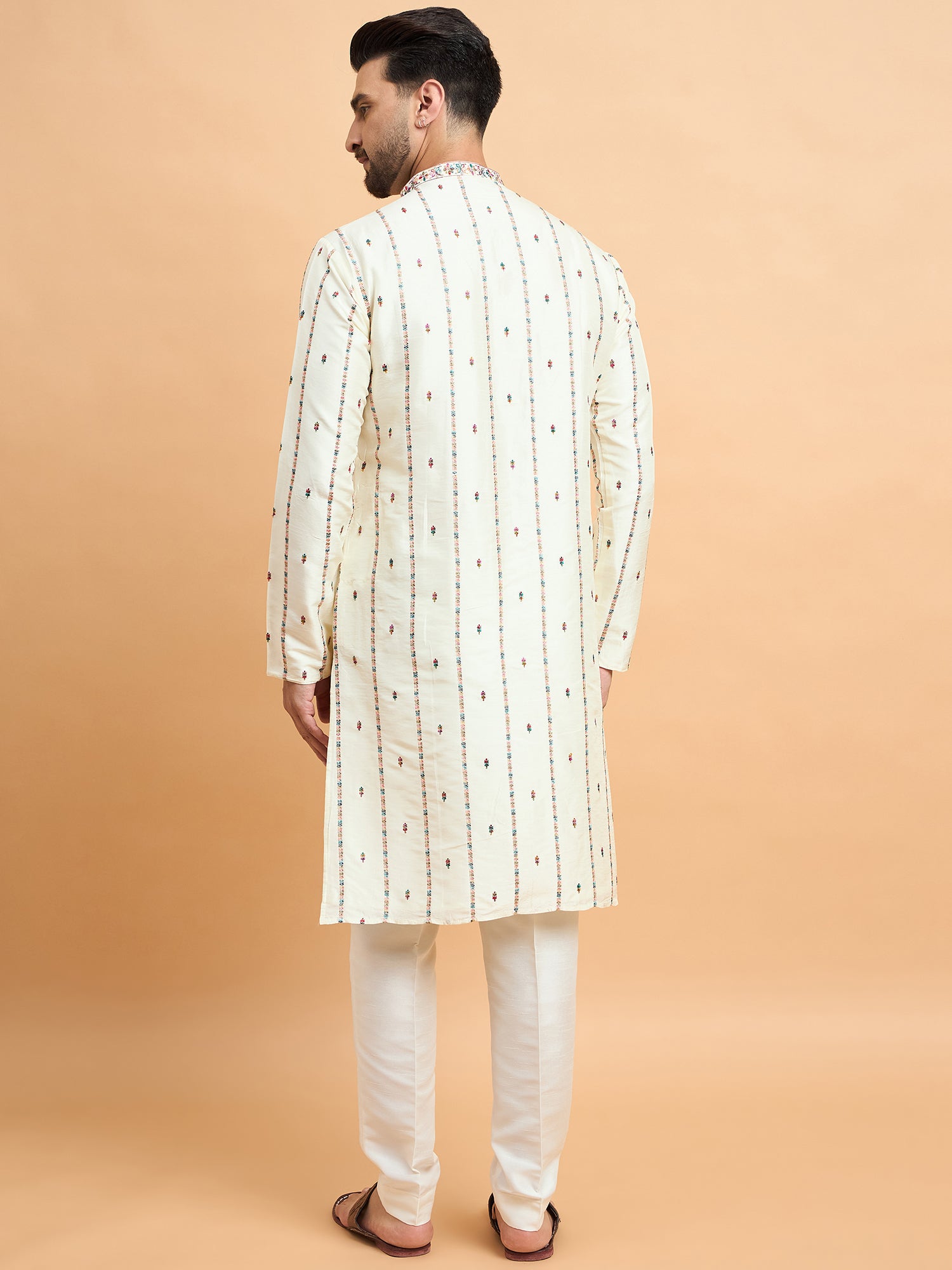Cream Embroidered Tusser Silk Kurta Set