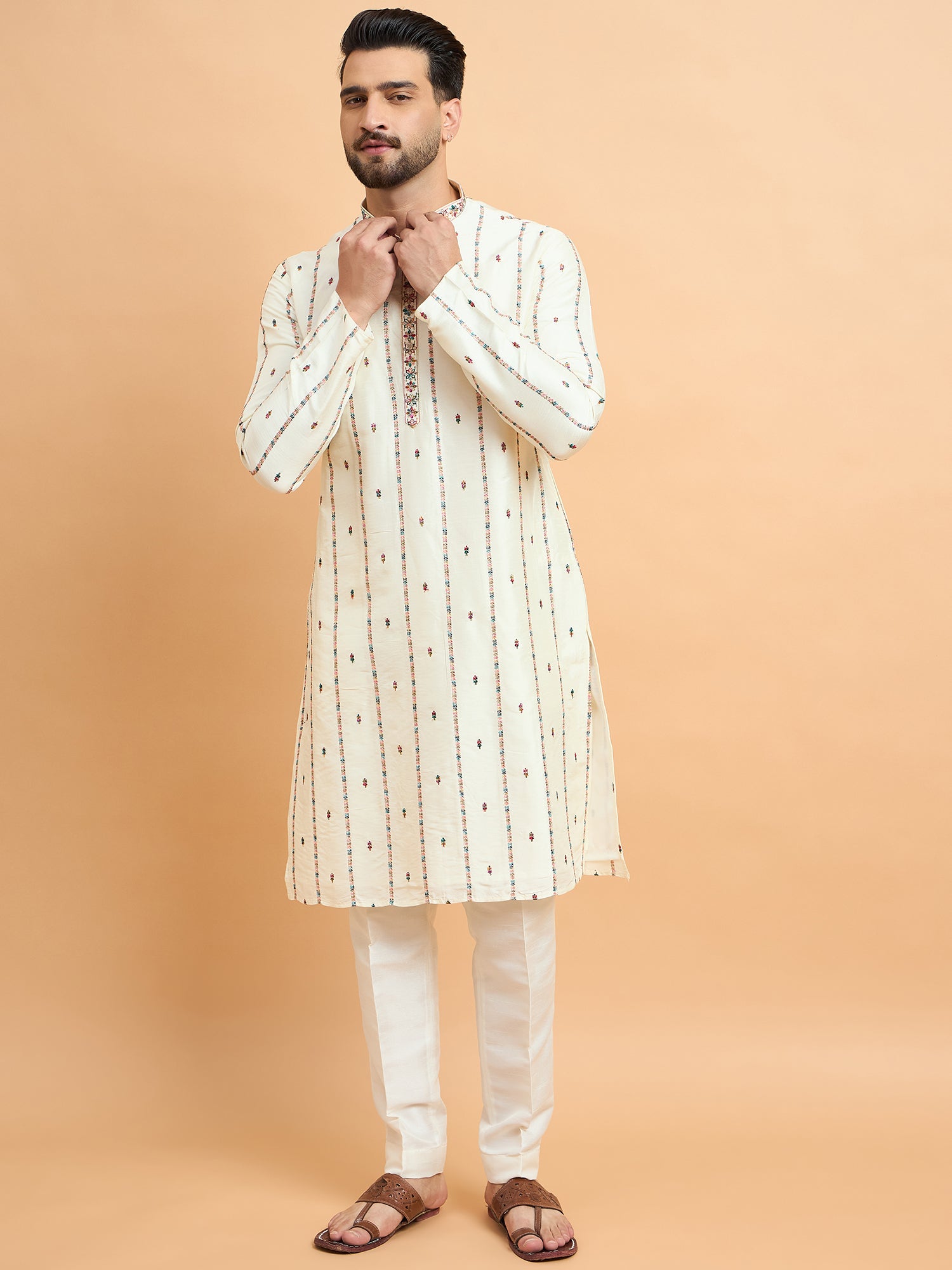 Cream Embroidered Tusser Silk Kurta Set