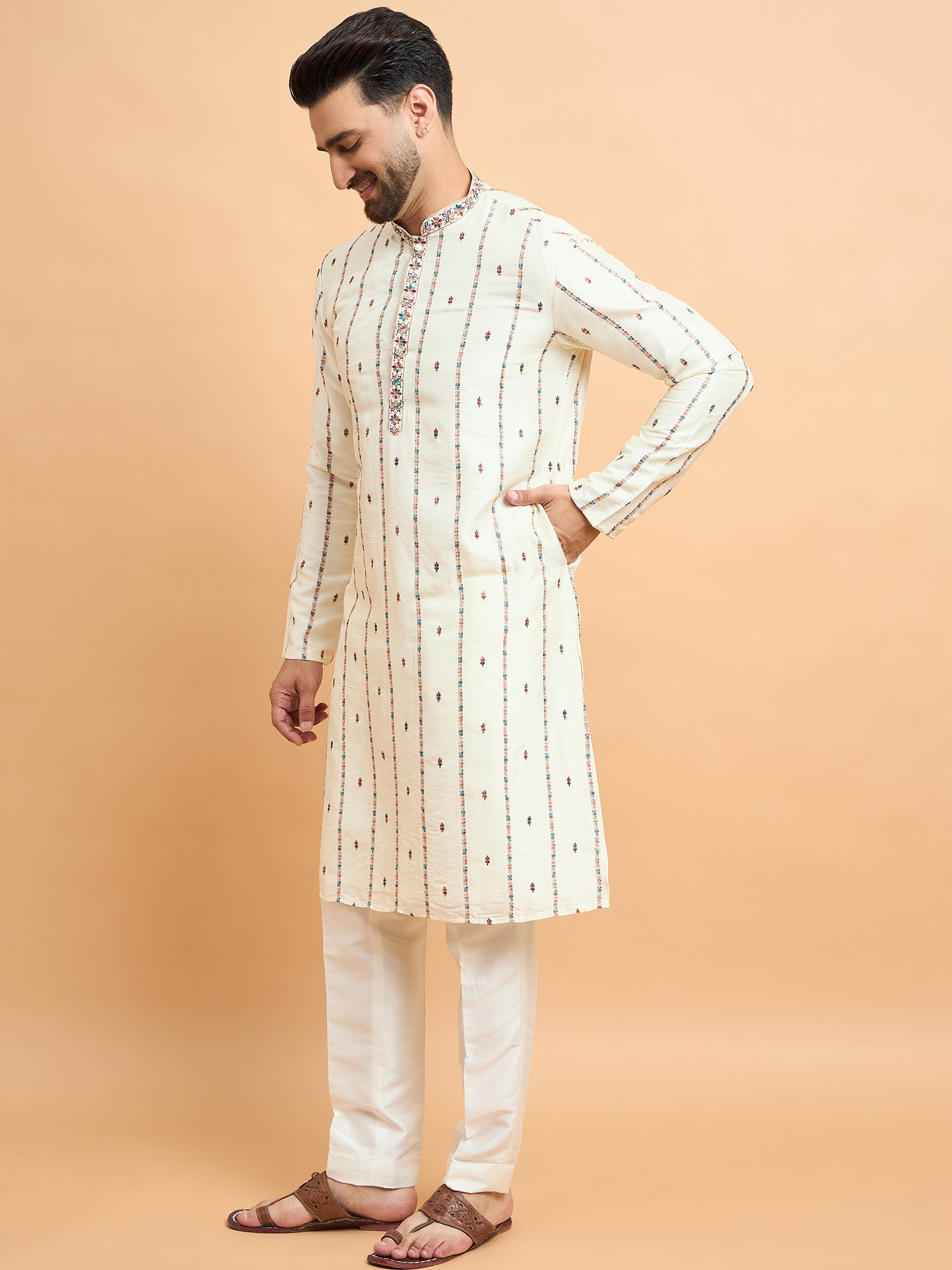 Cream Embroidered Tusser Silk Kurta Set