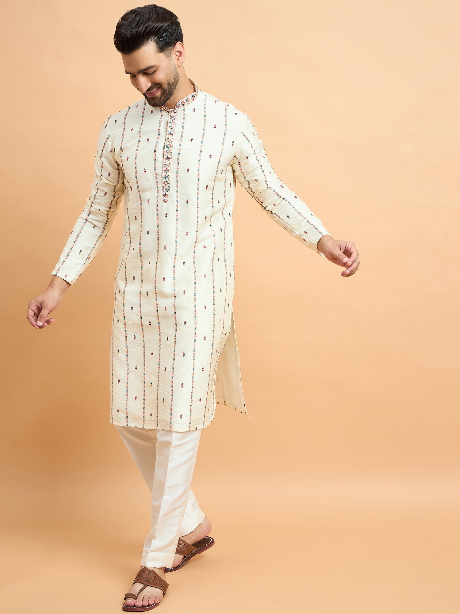 Cream Embroidered Tusser Silk Kurta Set