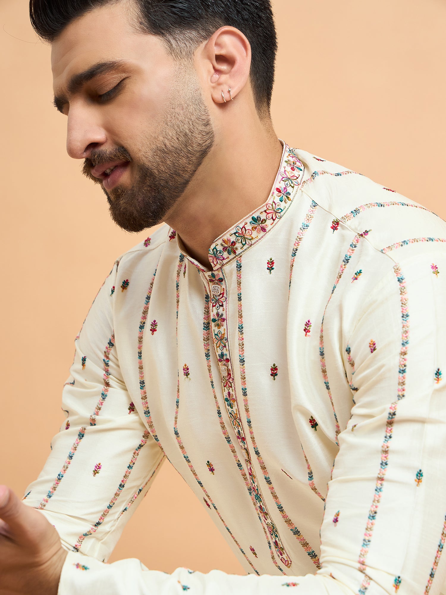 Cream Embroidered Tusser Silk Kurta Set