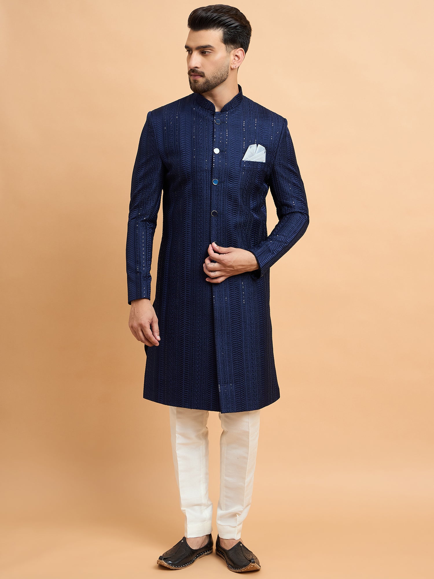 Navy Blue Embroidered Indo Western Set