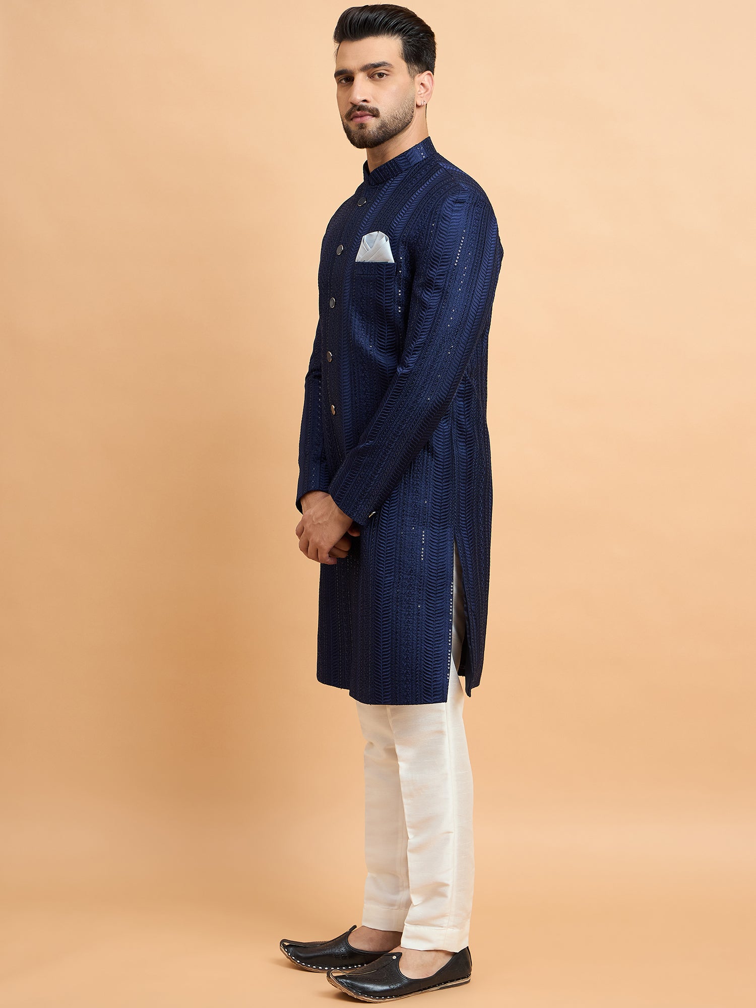 Navy Blue Embroidered Indo Western Set