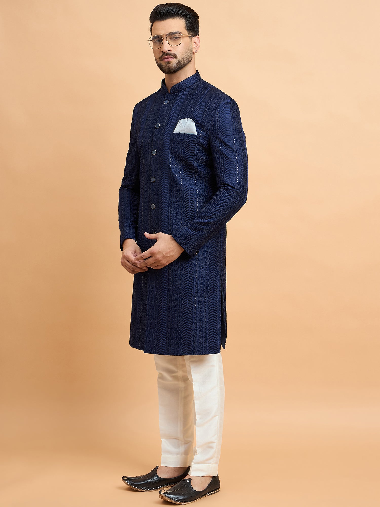 Navy Blue Embroidered Indo Western Set