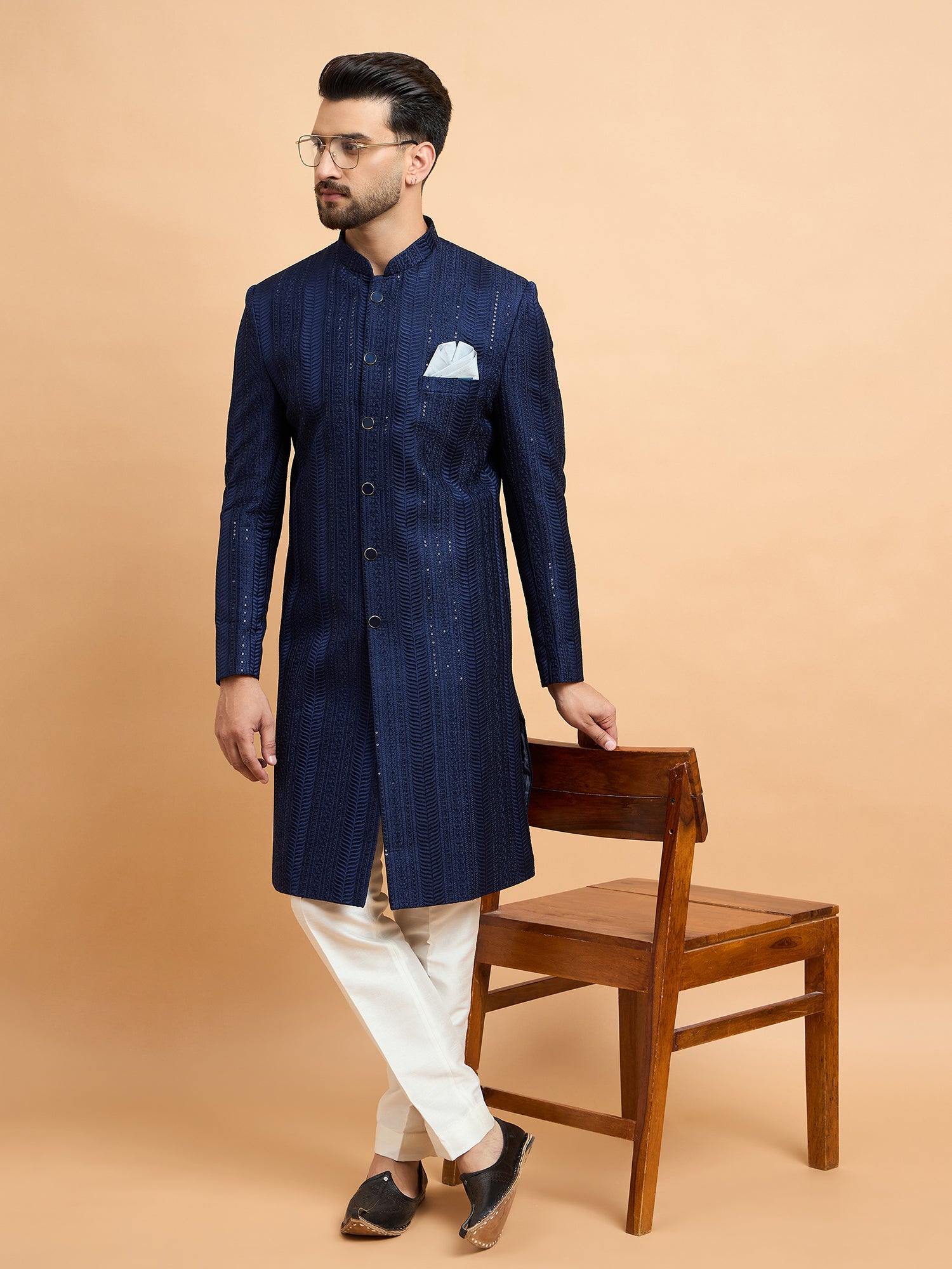Navy Blue Embroidered Indo Western Set