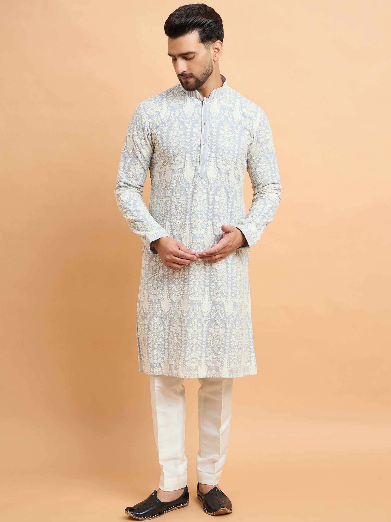 Grey Kashmiri Lucknowi Kurta Set