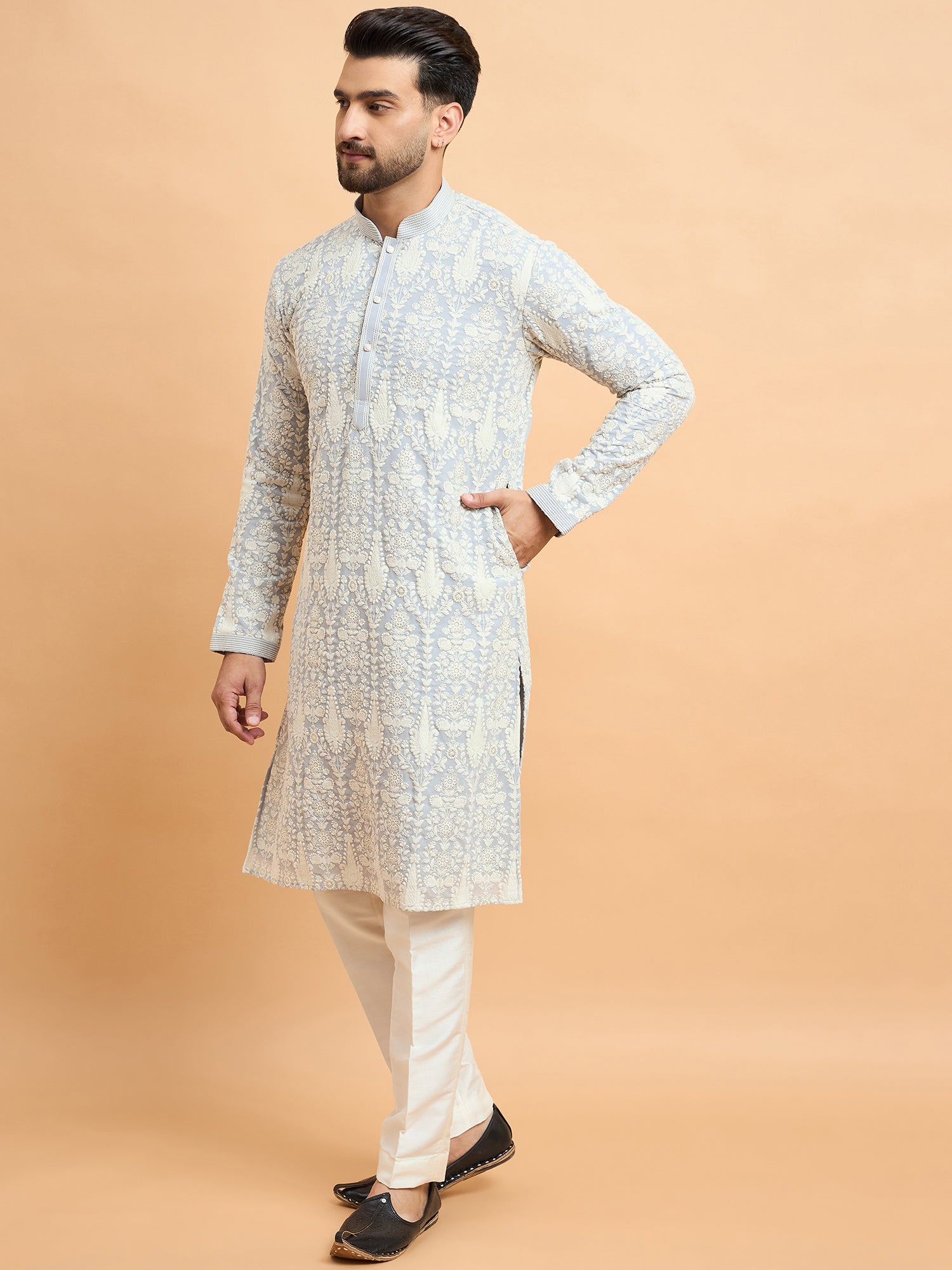 Grey Kashmiri Lucknowi Kurta Set