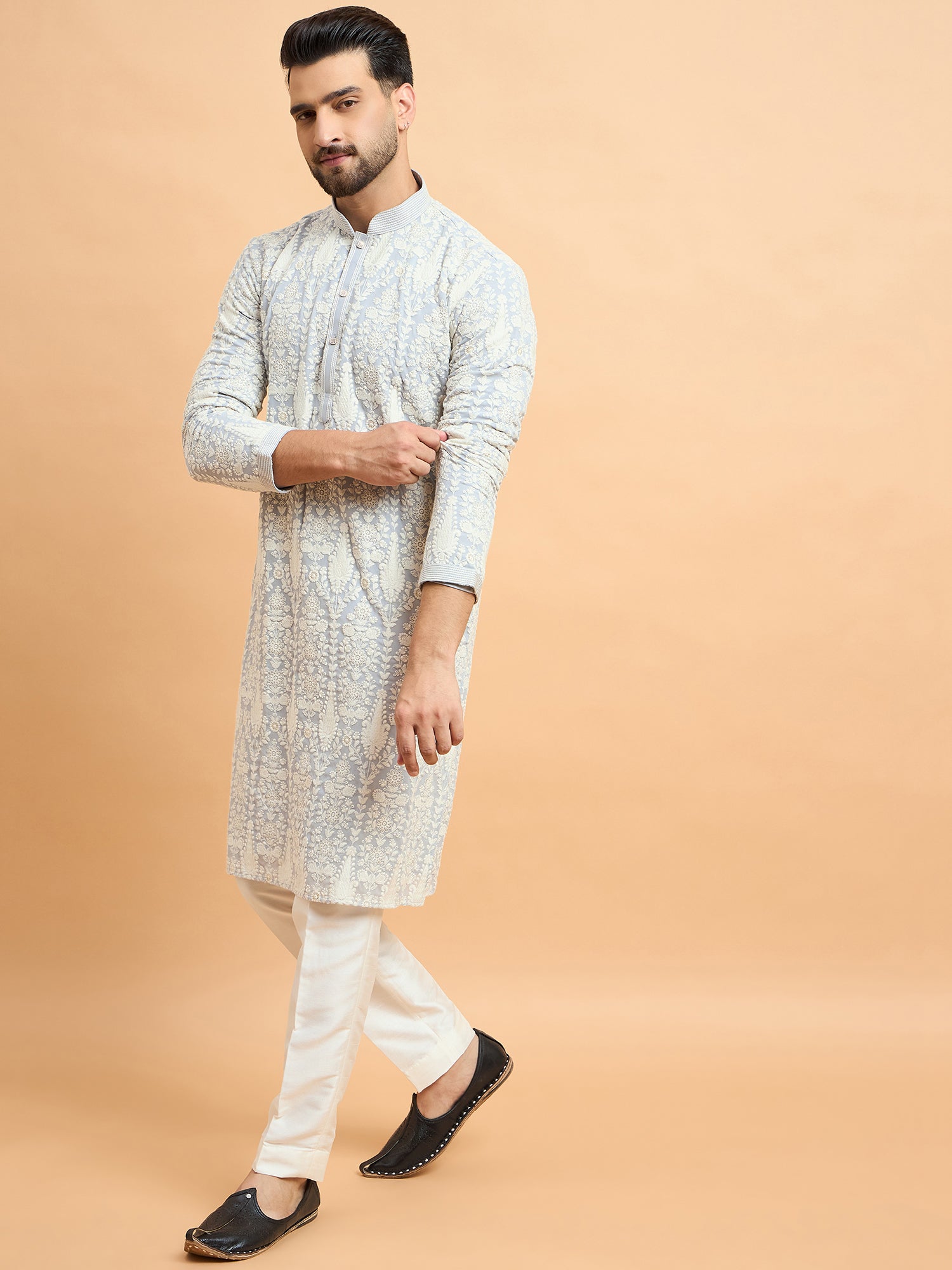 Grey Kashmiri Lucknowi Kurta Set