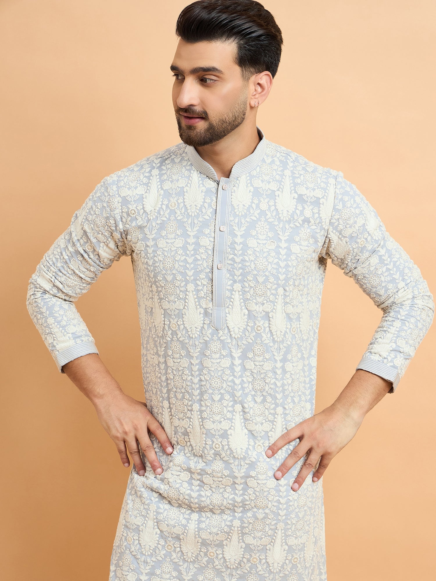 Grey Kashmiri Lucknowi Kurta Set