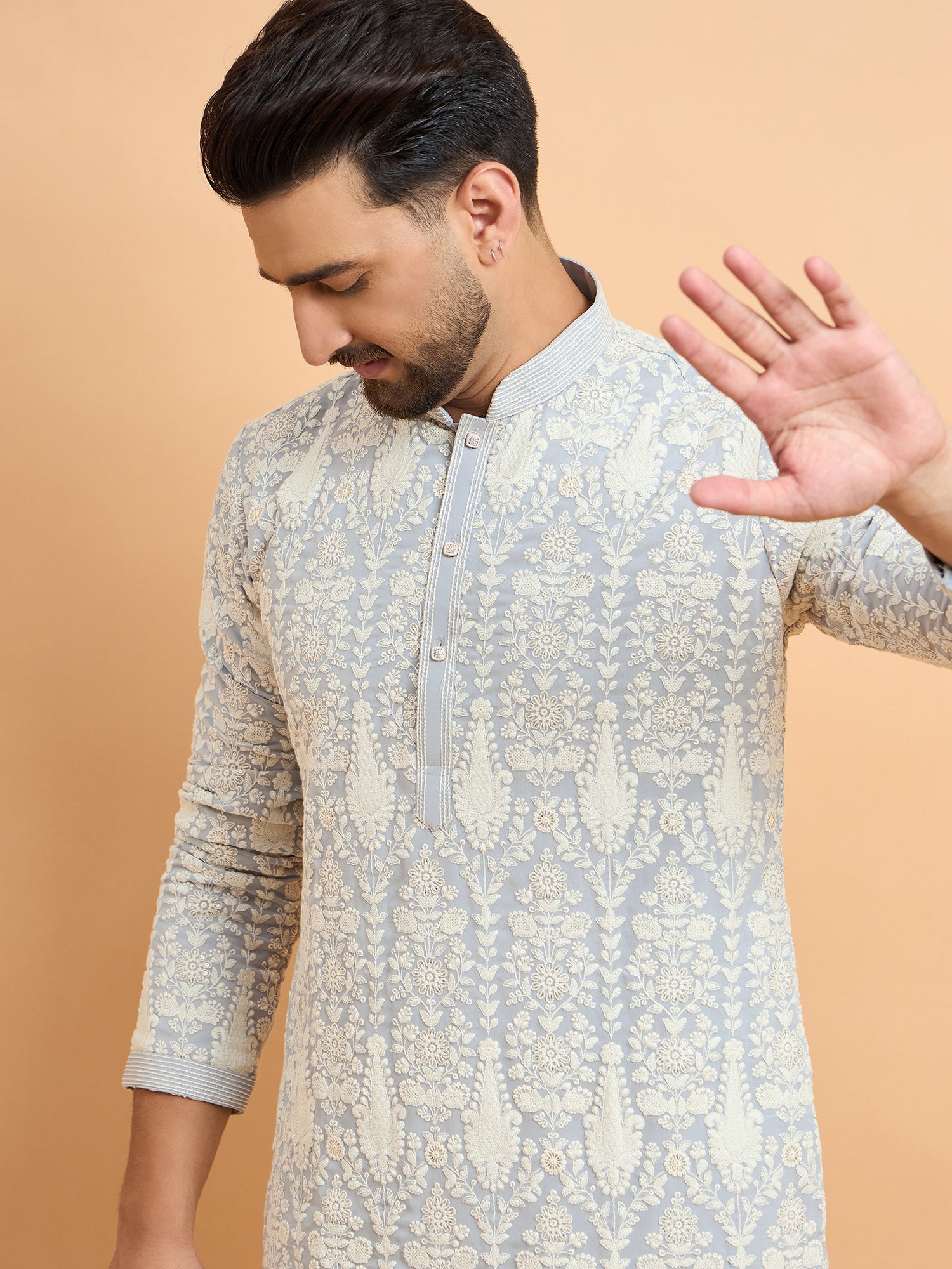 Grey Kashmiri Lucknowi Kurta Set