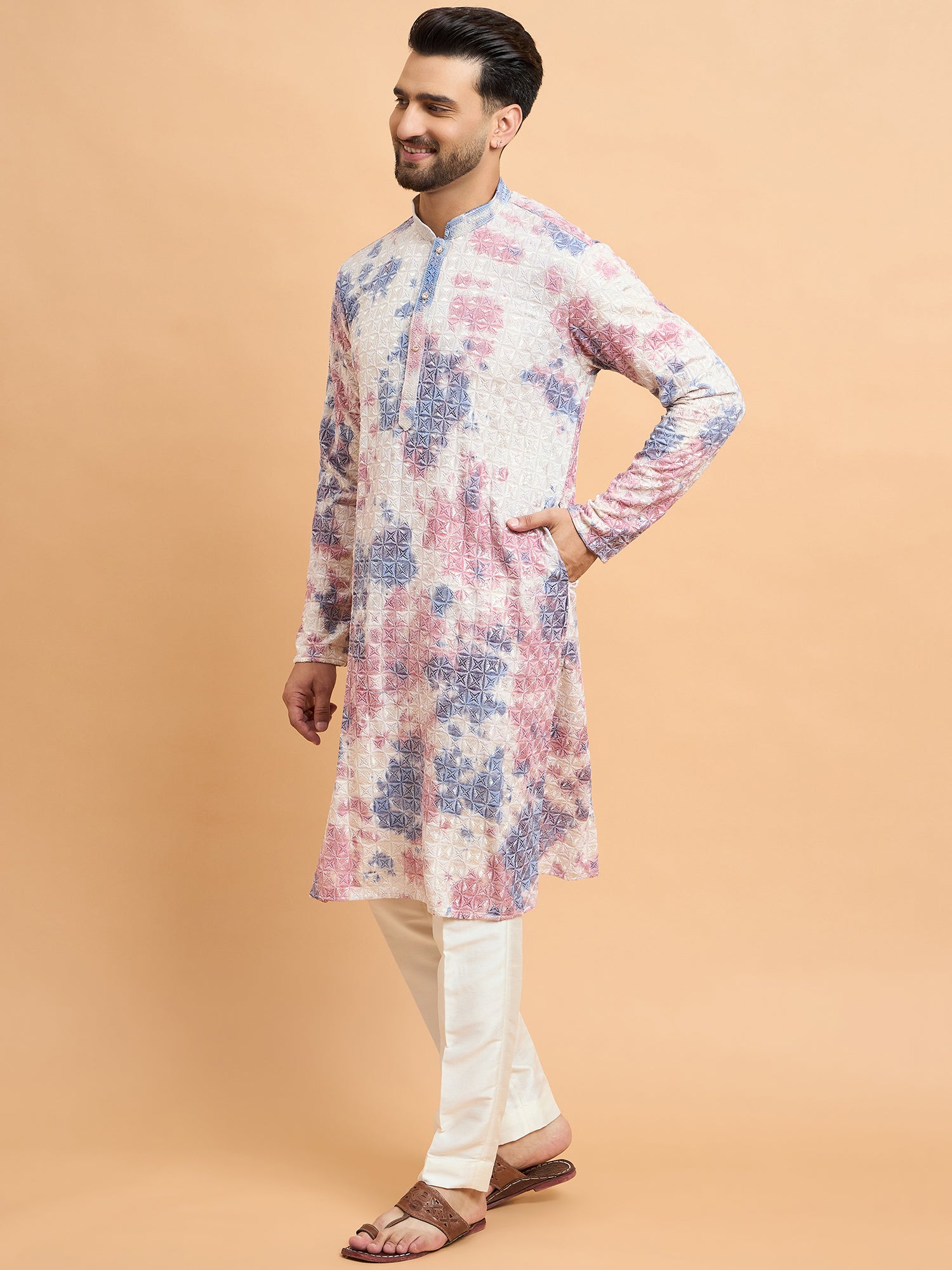 Off White Lucknowi Tie Dye Kurta Set