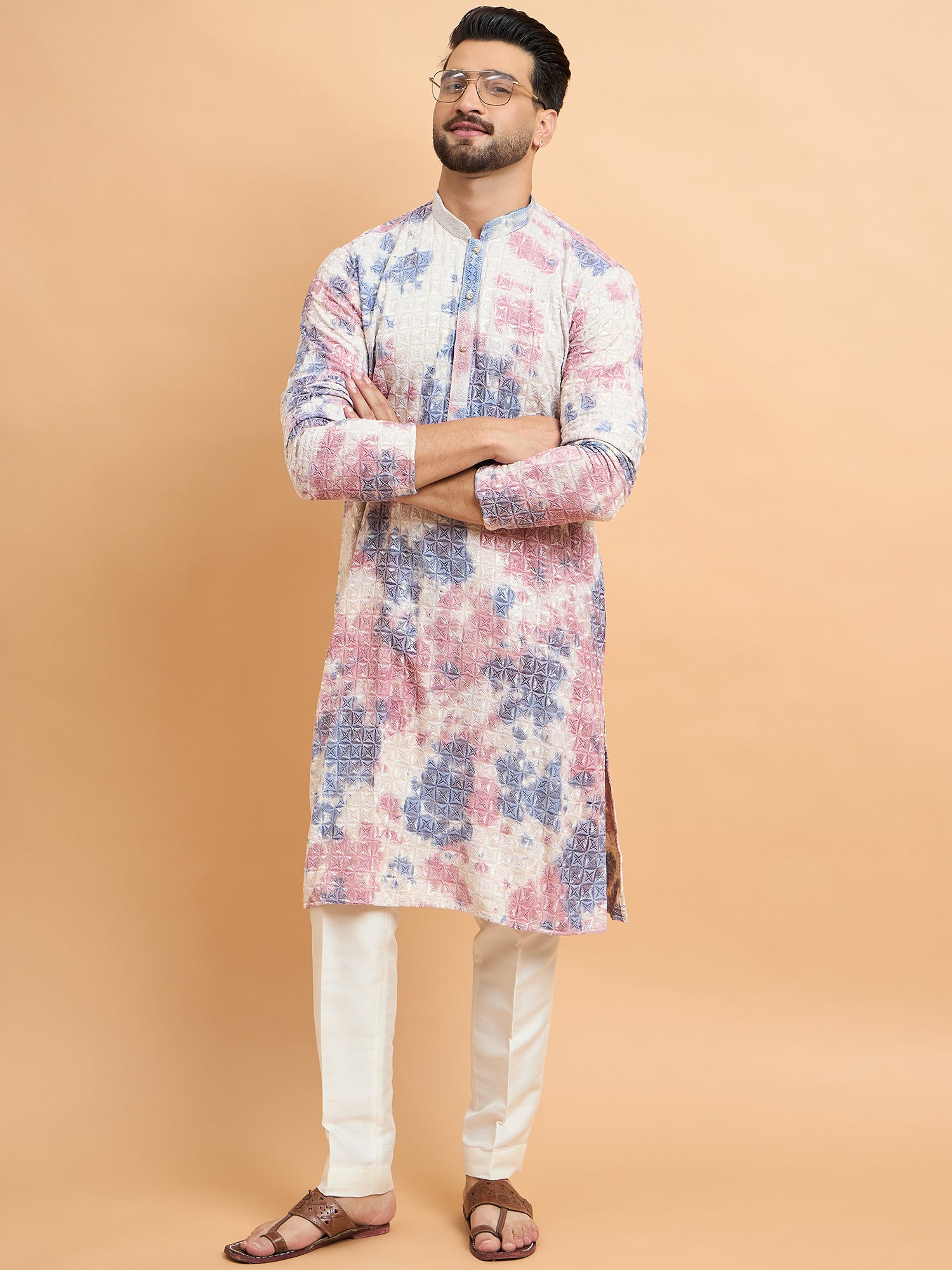 Off White Lucknowi Tie Dye Kurta Set