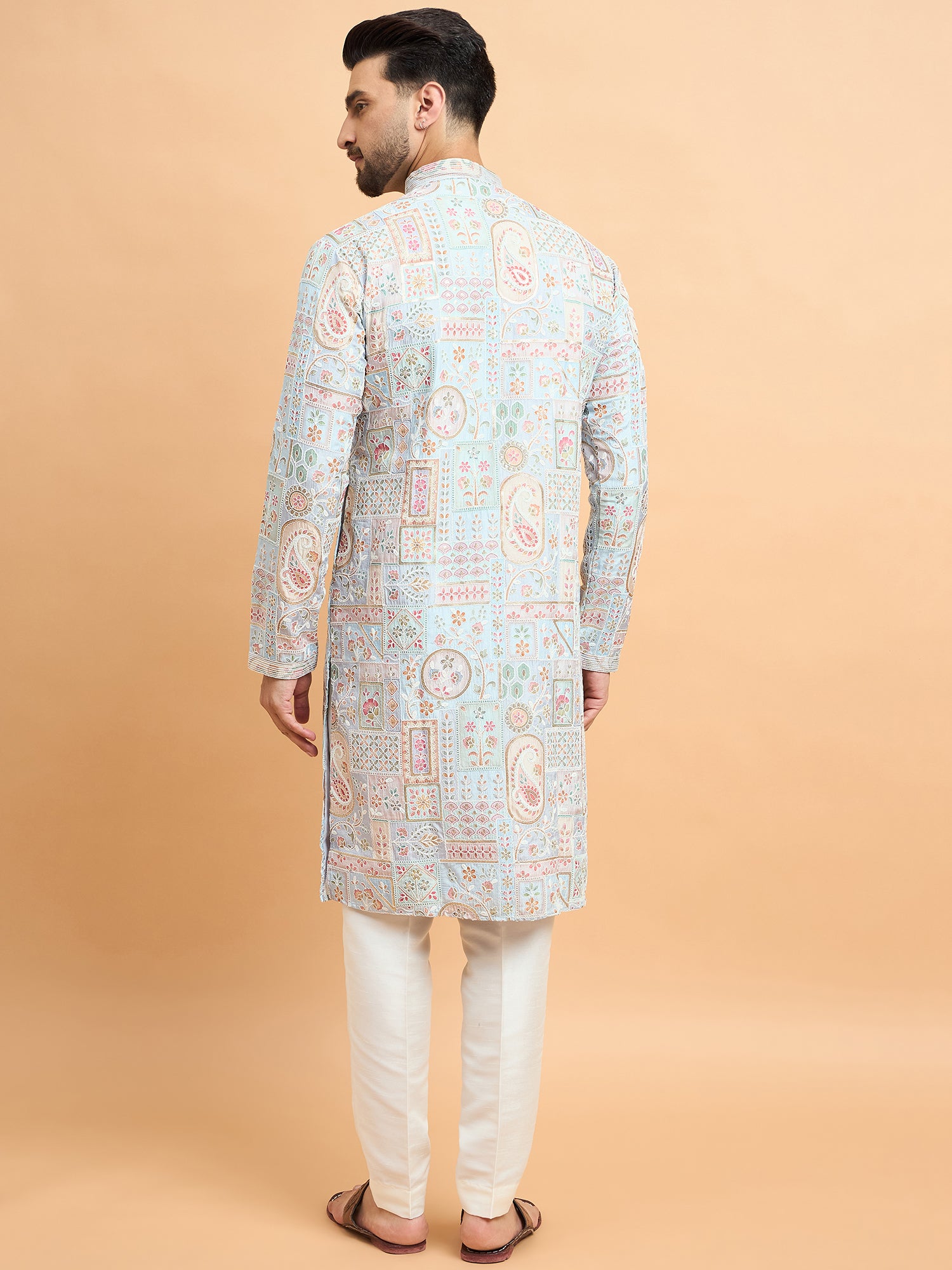 Sky Blue Silk Print With Embroidery Kurta Set