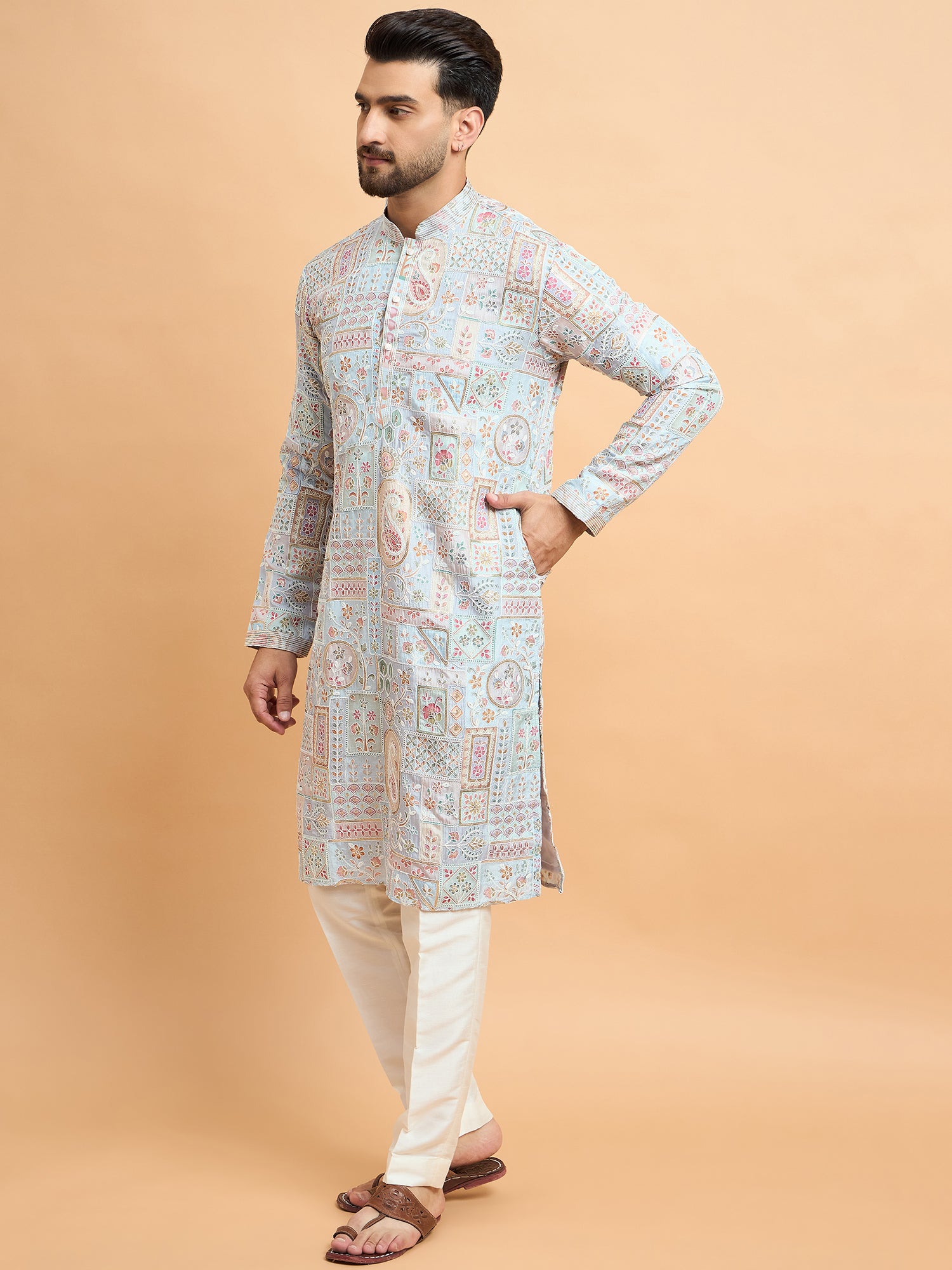 Sky Blue Silk Print With Embroidery Kurta Set
