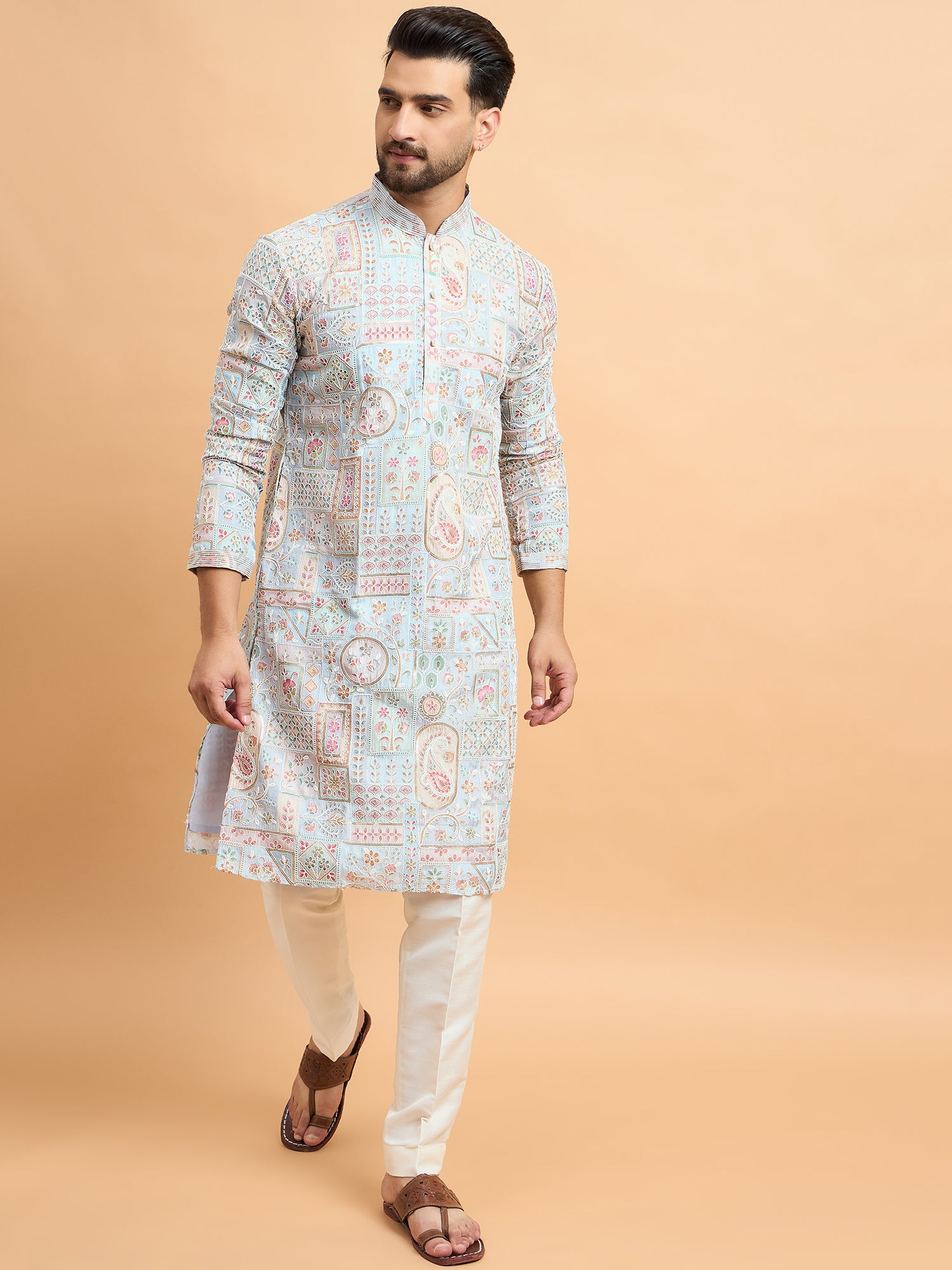 Sky Blue Silk Print With Embroidery Kurta Set